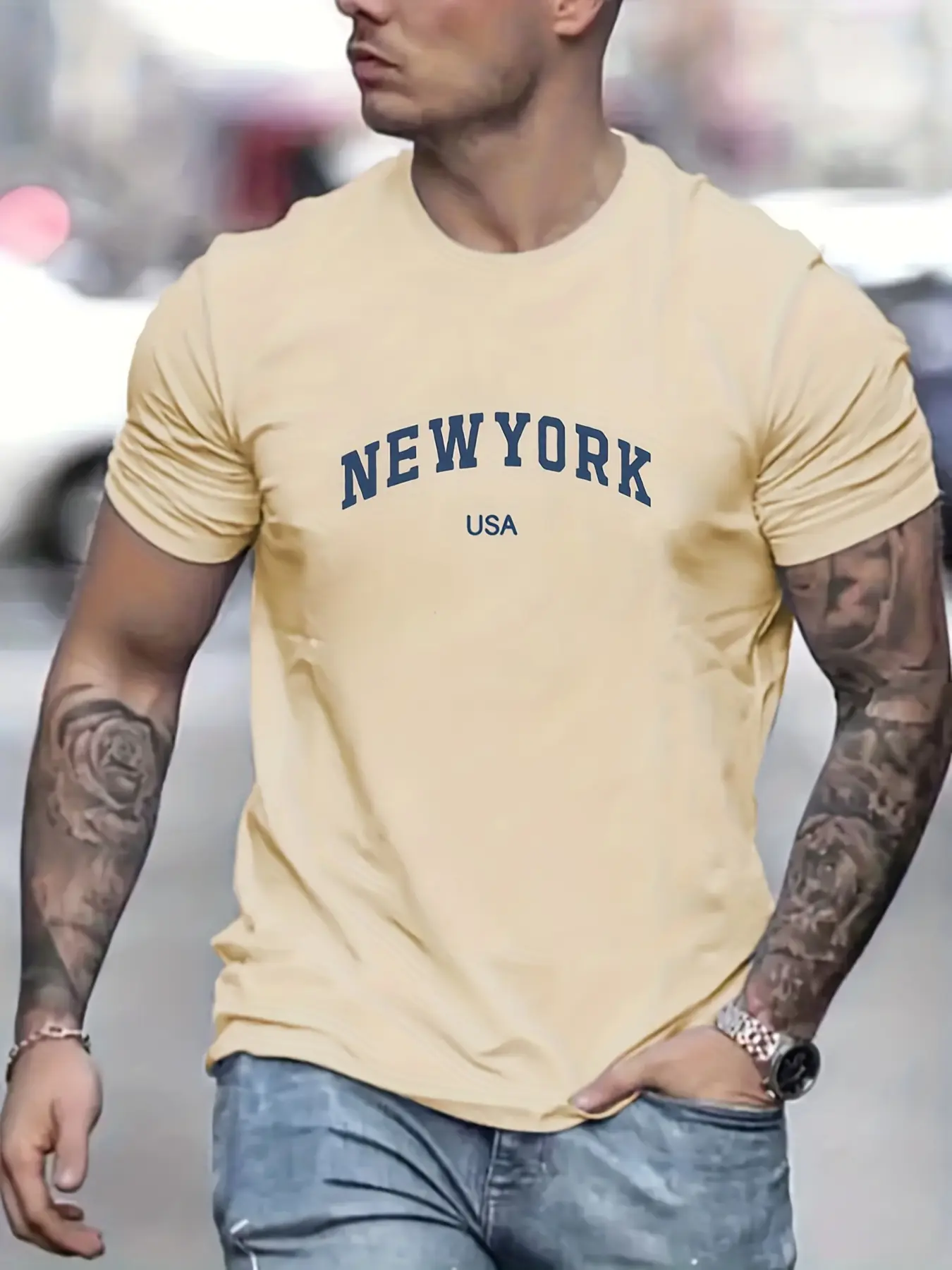 Men's Summer New York Usa Printed 100% Cotton Large Loose Round Neck Short Sleeve T-shirt Top