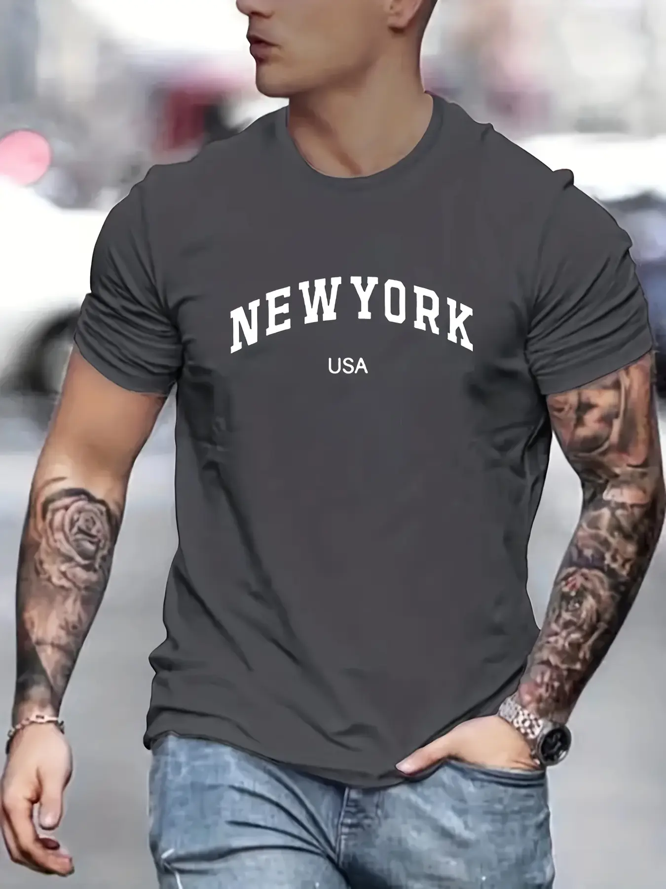 Men's Summer New York Usa Printed 100% Cotton Large Loose Round Neck Short Sleeve T-shirt Top