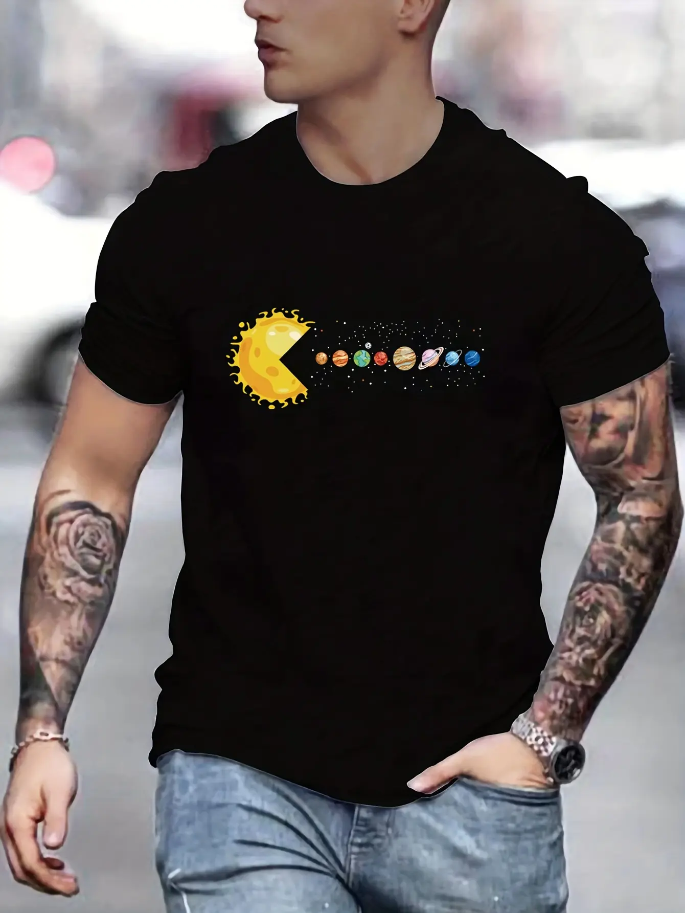Men's 100% pure cotton summer loose and comfortable casual solar system Planets printed round neck short sleeved T-shirt top