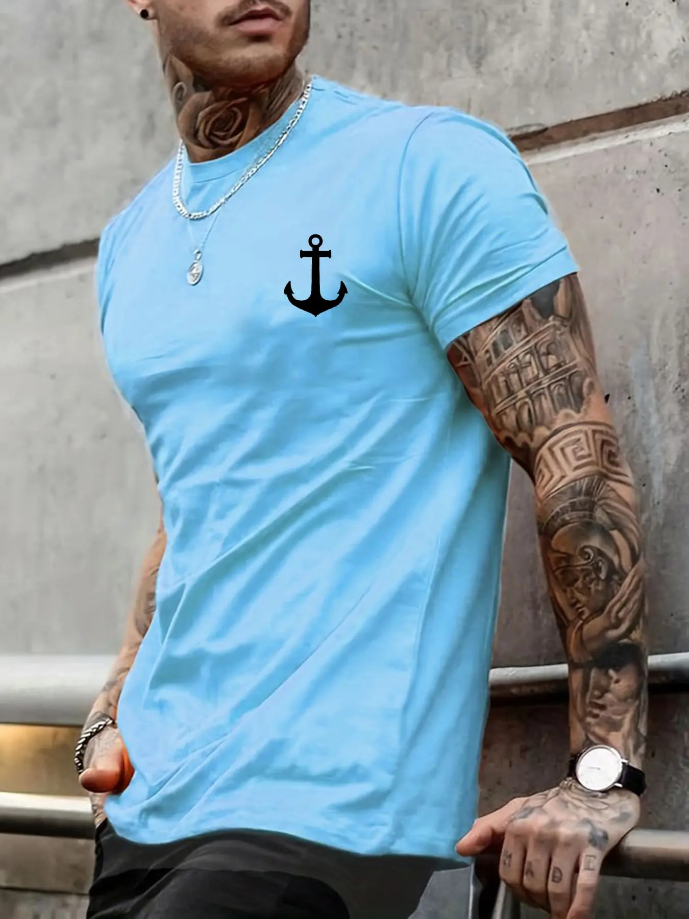 Men's Summer Casual Loose Size 100% Cotton Anchor pattern Print Round Neck Short Sleeve T-shirt Top