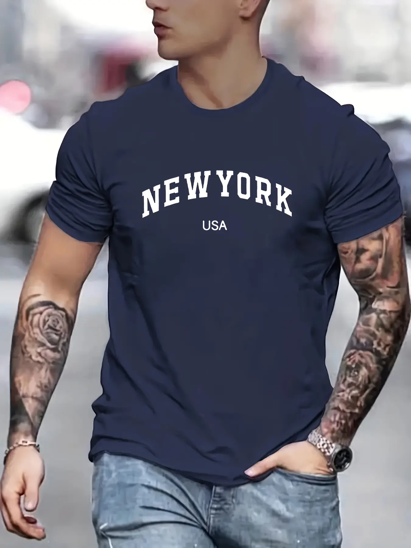 Men's Summer New York Usa Printed 100% Cotton Large Loose Round Neck Short Sleeve T-shirt Top