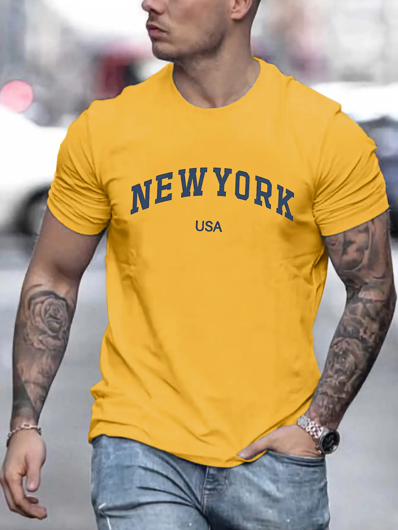 Men's Summer New York Usa Printed 100% Cotton Large Loose Round Neck Short Sleeve T-shirt Top