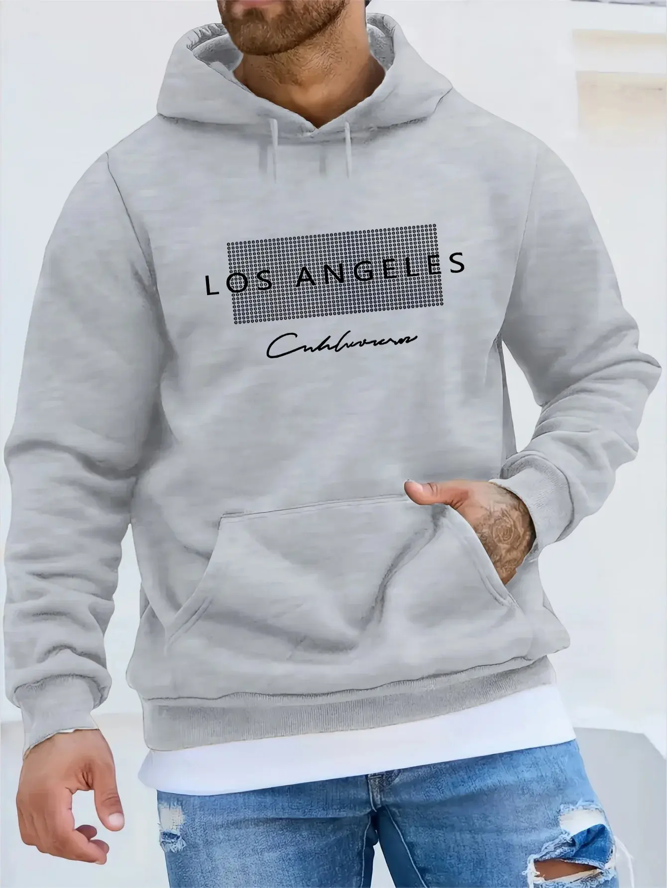 Men's autumn and winter fashionable casual loose Los Angeles pattern printed fleece pullover long sleeved hooded sweatshirt