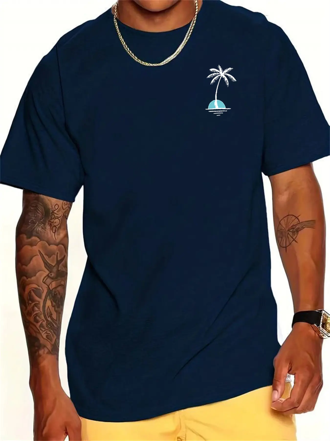 Men's 100% pure cotton summer loose fit oversized sunset coconut tree print casual slim fit round neck short sleeved T-shirt top
