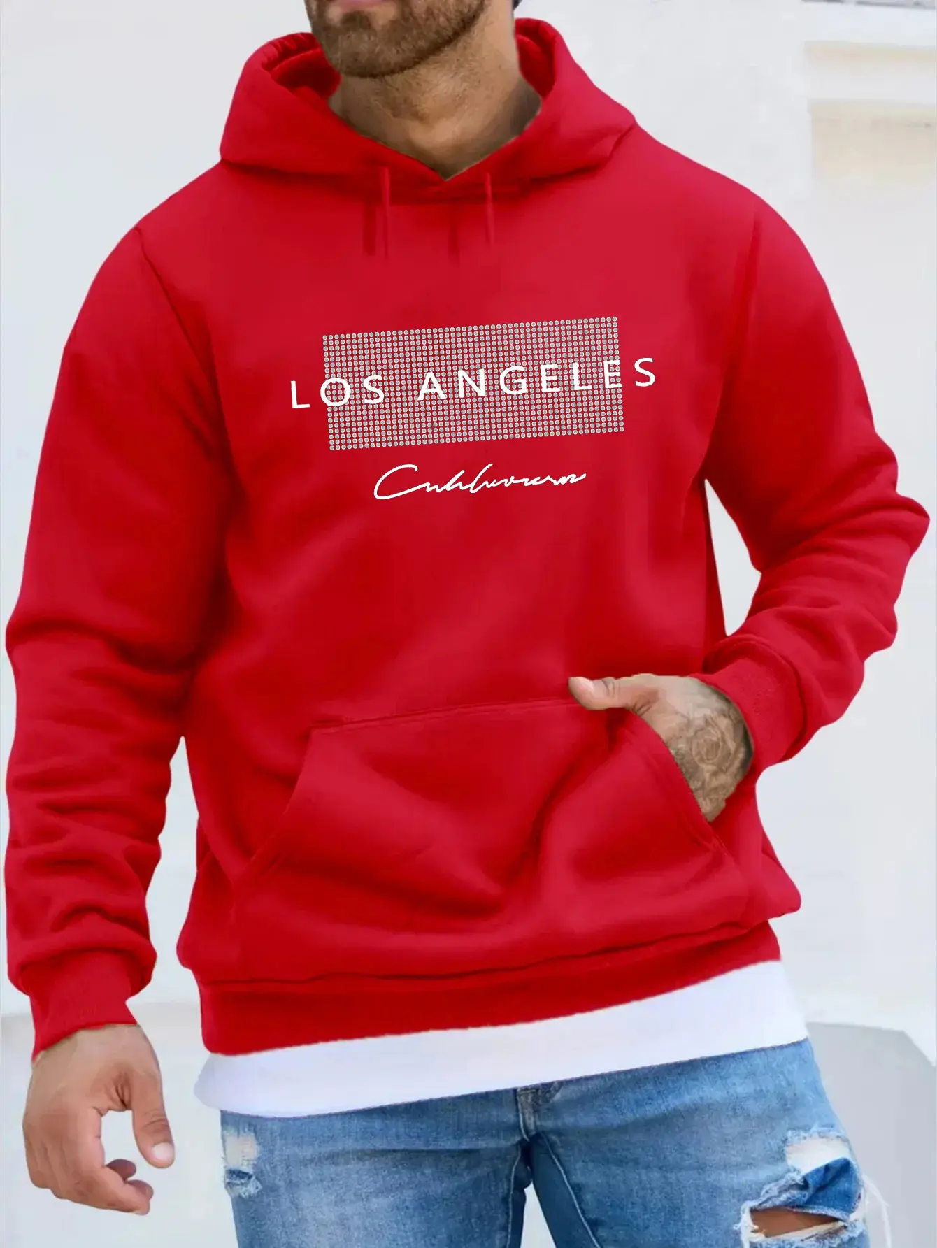 Men's autumn and winter fashionable casual loose Los Angeles pattern printed fleece pullover long sleeved hooded sweatshirt