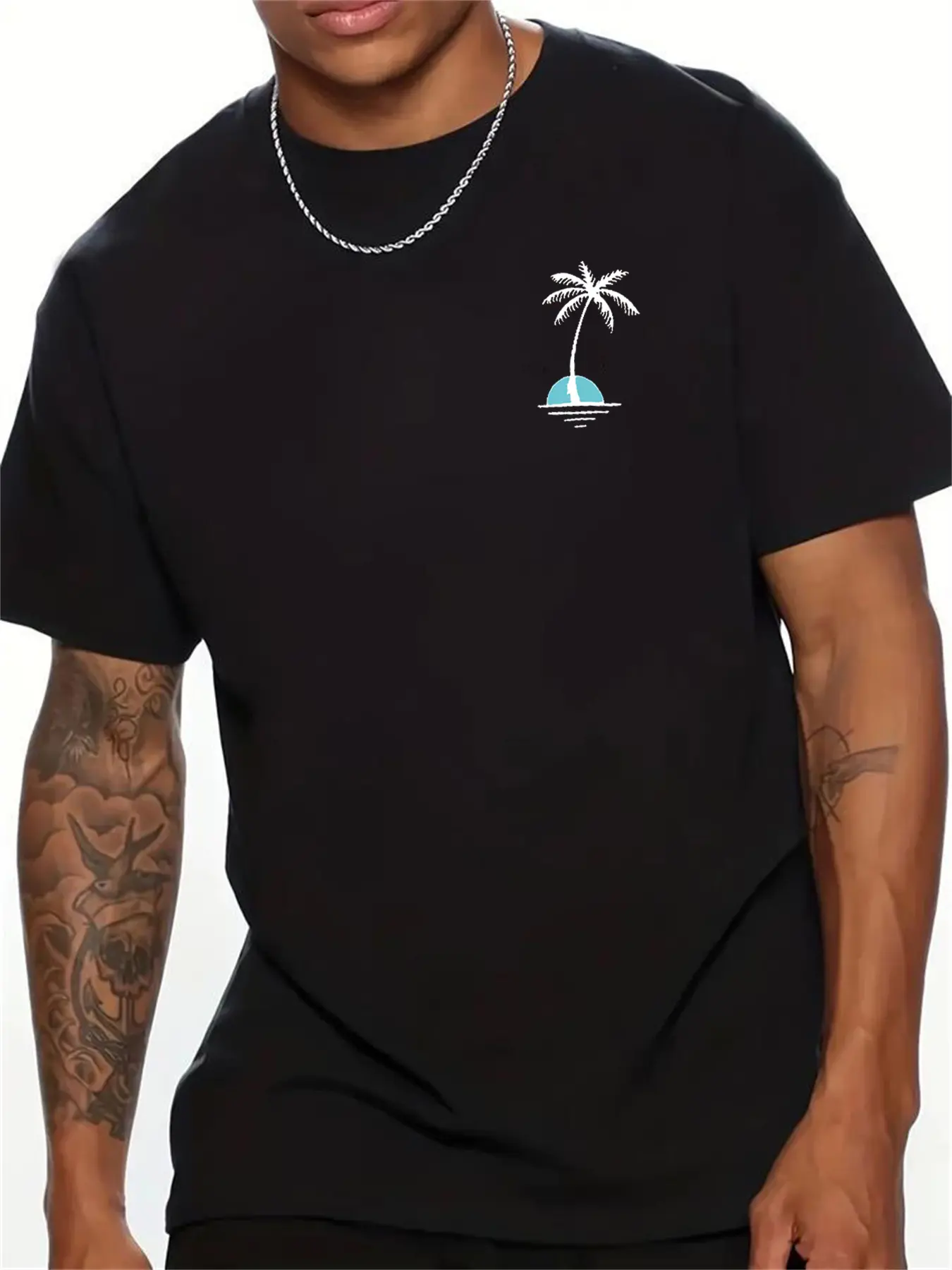 Men's 100% pure cotton summer loose fit oversized sunset coconut tree print casual slim fit round neck short sleeved T-shirt top