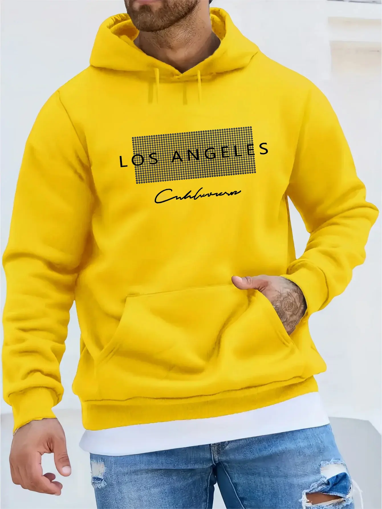 Men's autumn and winter fashionable casual loose Los Angeles pattern printed fleece pullover long sleeved hooded sweatshirt