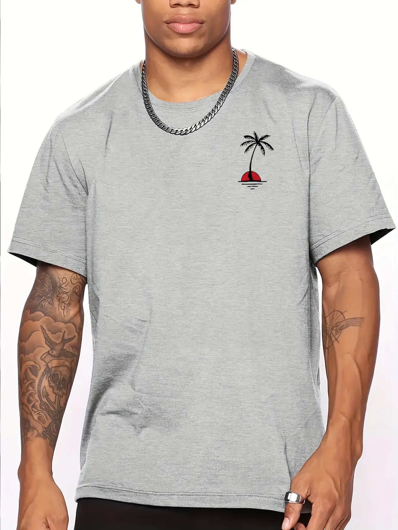 Men's 100% pure cotton summer loose fit oversized sunset coconut tree print casual slim fit round neck short sleeved T-shirt top