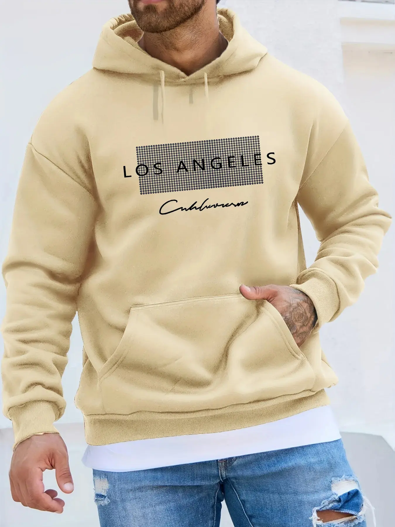 Men's autumn and winter fashionable casual loose Los Angeles pattern printed fleece pullover long sleeved hooded sweatshirt