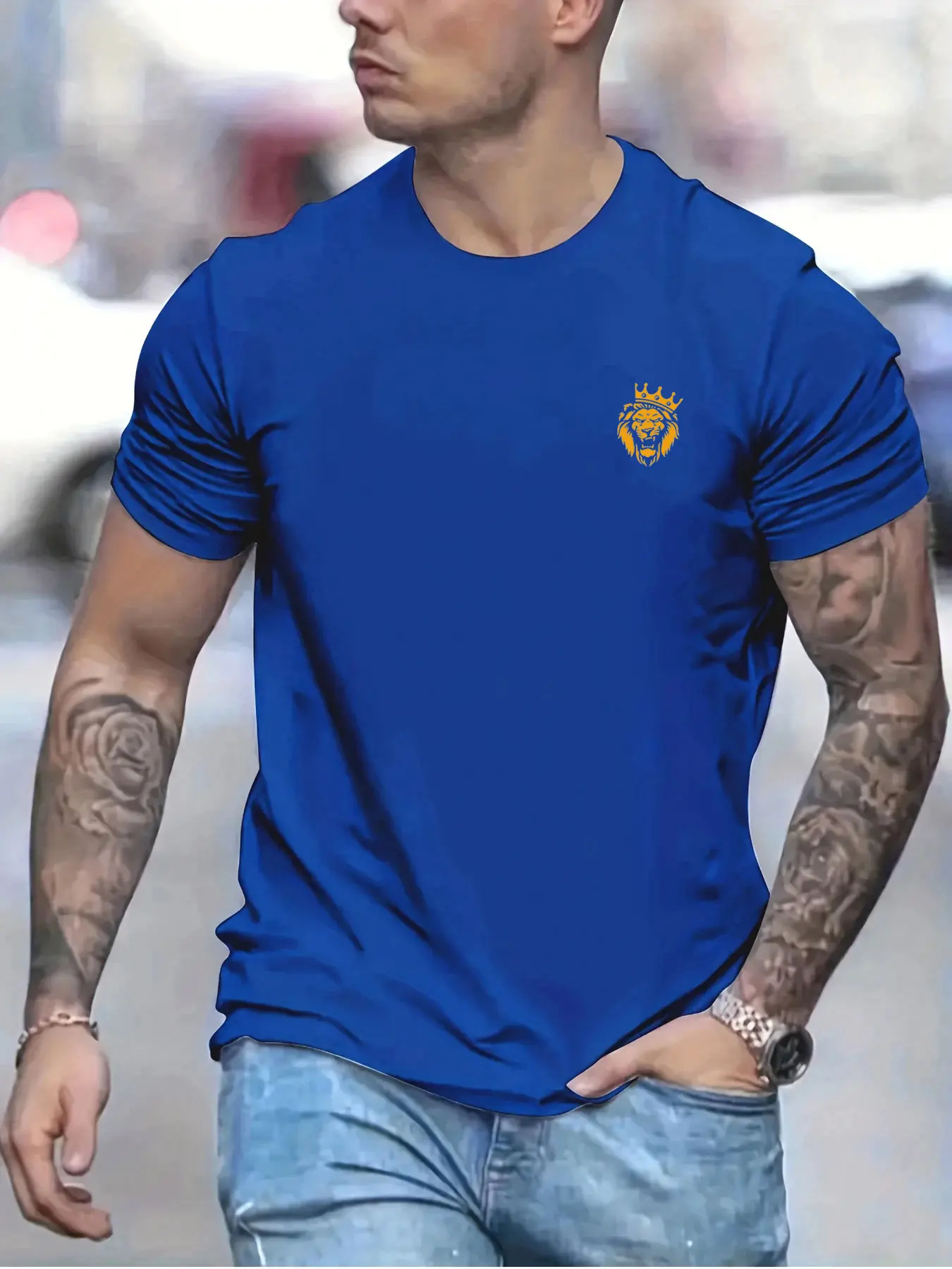 Summer Men's 100% Cotton Casual Loose Large Lion Pattern Print Round Neck Short Sleeve T-shirt Top O-neck Pactwork Casual T