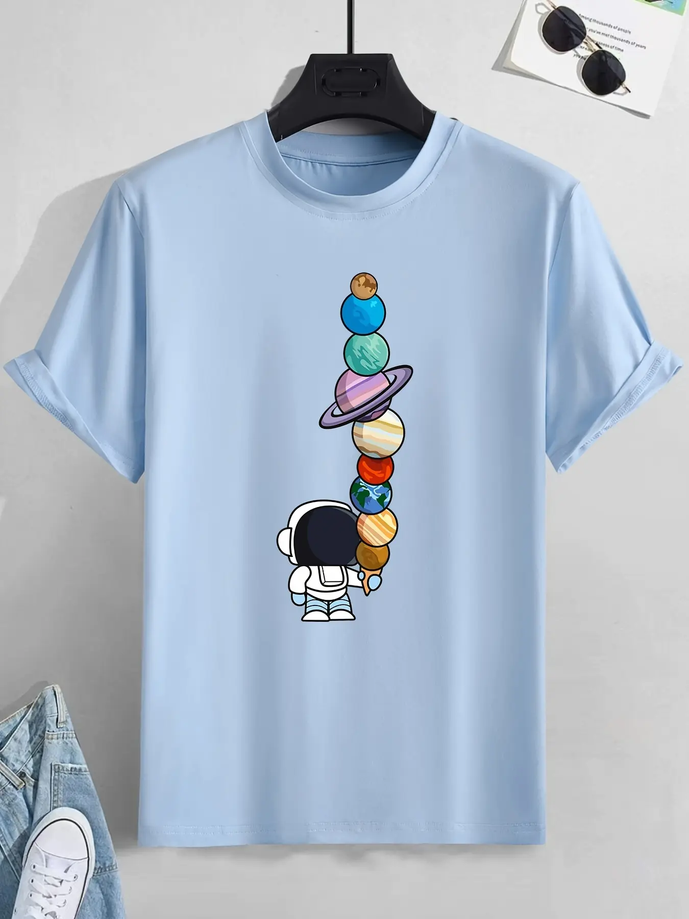 Men's Summer 100% Cotton Cartoon Astronaut Planet Print Loose Large Casual Round Neck Short Sleeve T-shirt
