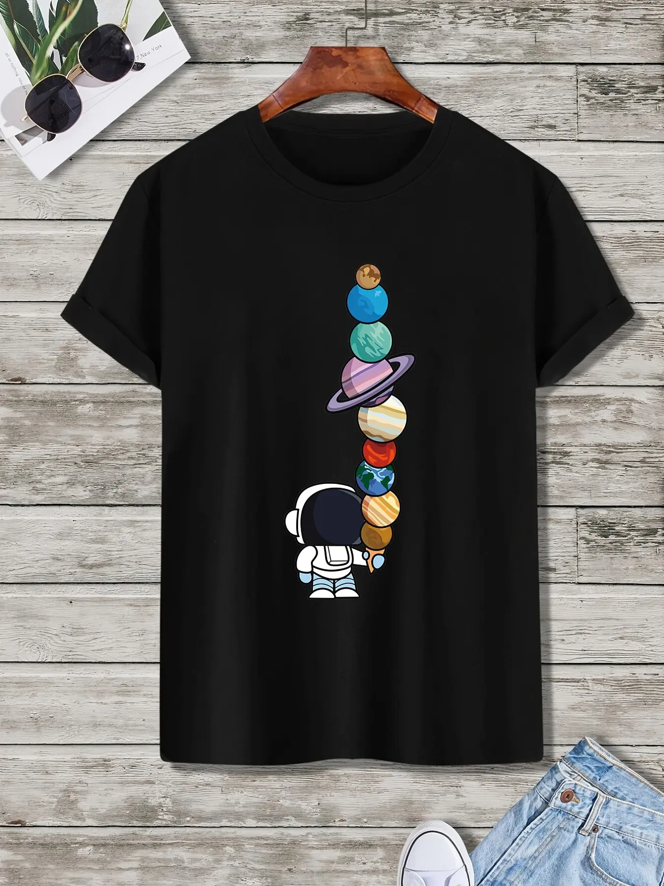 Men's Summer 100% Cotton Cartoon Astronaut Planet Print Loose Large Casual Round Neck Short Sleeve T-shirt