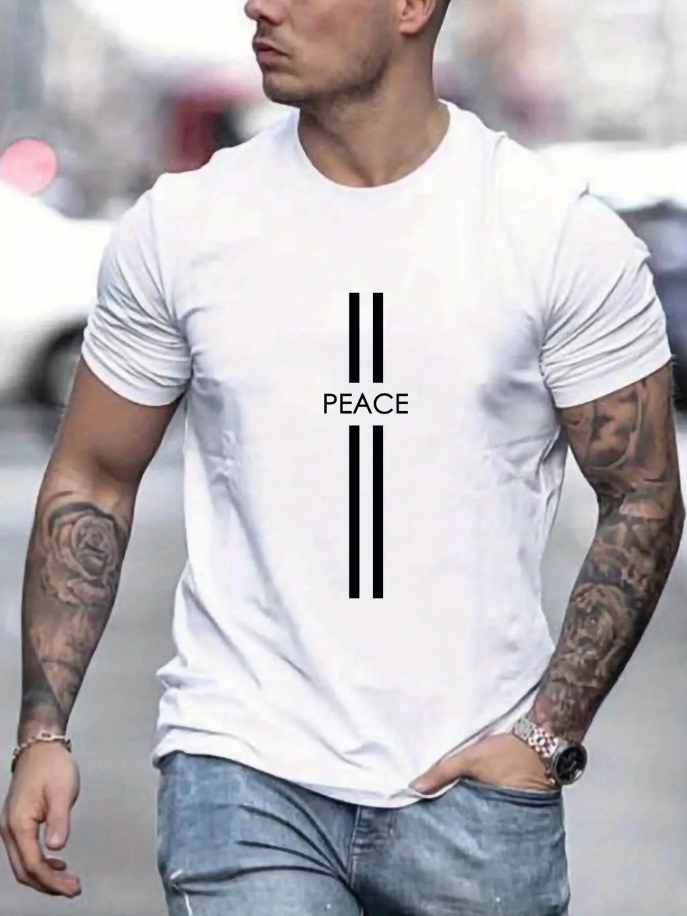 Men's Summer Loose Size 100% Cotton Fashion High Quality Short  Peace Print Casual Slim Fit Round Neck Short Sleeve T-shirt Top