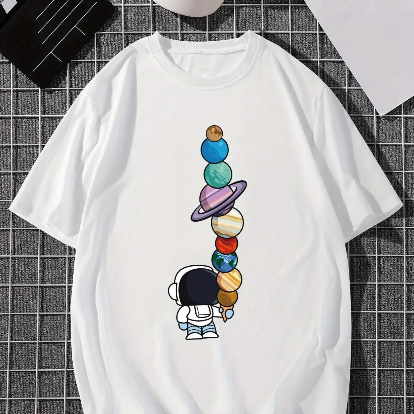 Men's Summer 100% Cotton Cartoon Astronaut Planet Print Loose Large Casual Round Neck Short Sleeve T-shirt