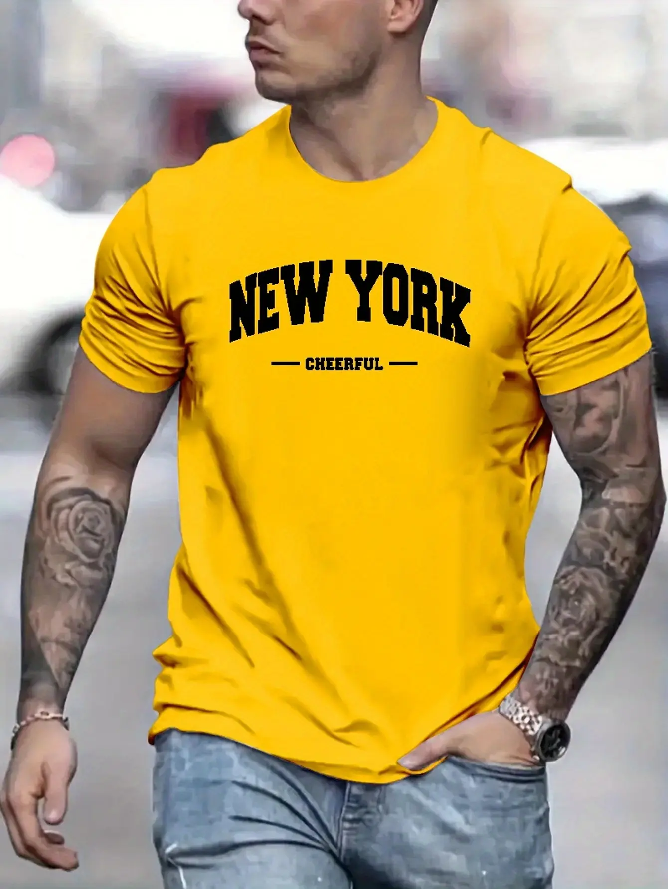 Men's 100% pure cotton summer loose fit oversized New York Cheerful print casual slim fit round neck short sleeved T-shirt top