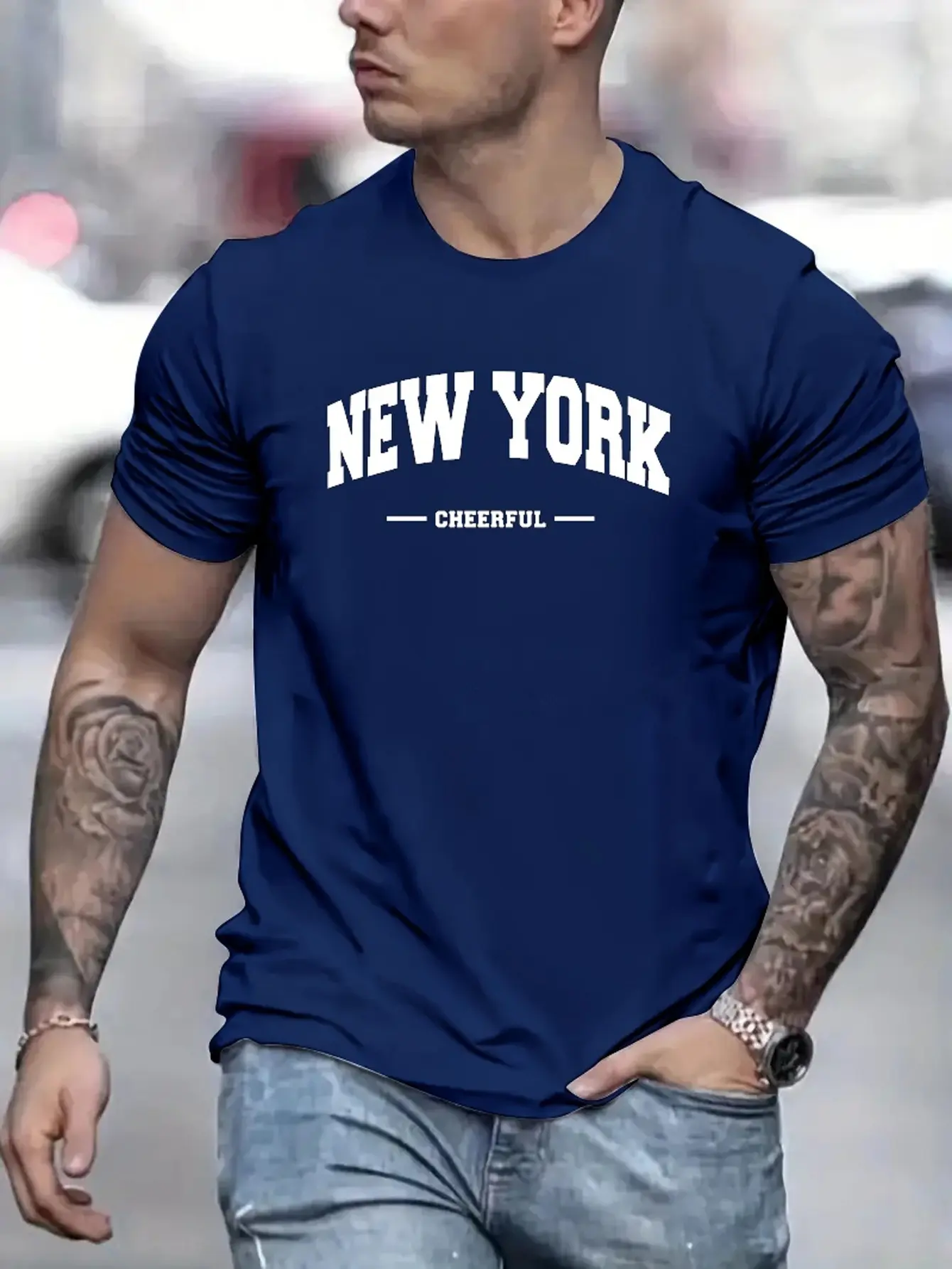 Men's 100% pure cotton summer loose fit oversized New York Cheerful print casual slim fit round neck short sleeved T-shirt top