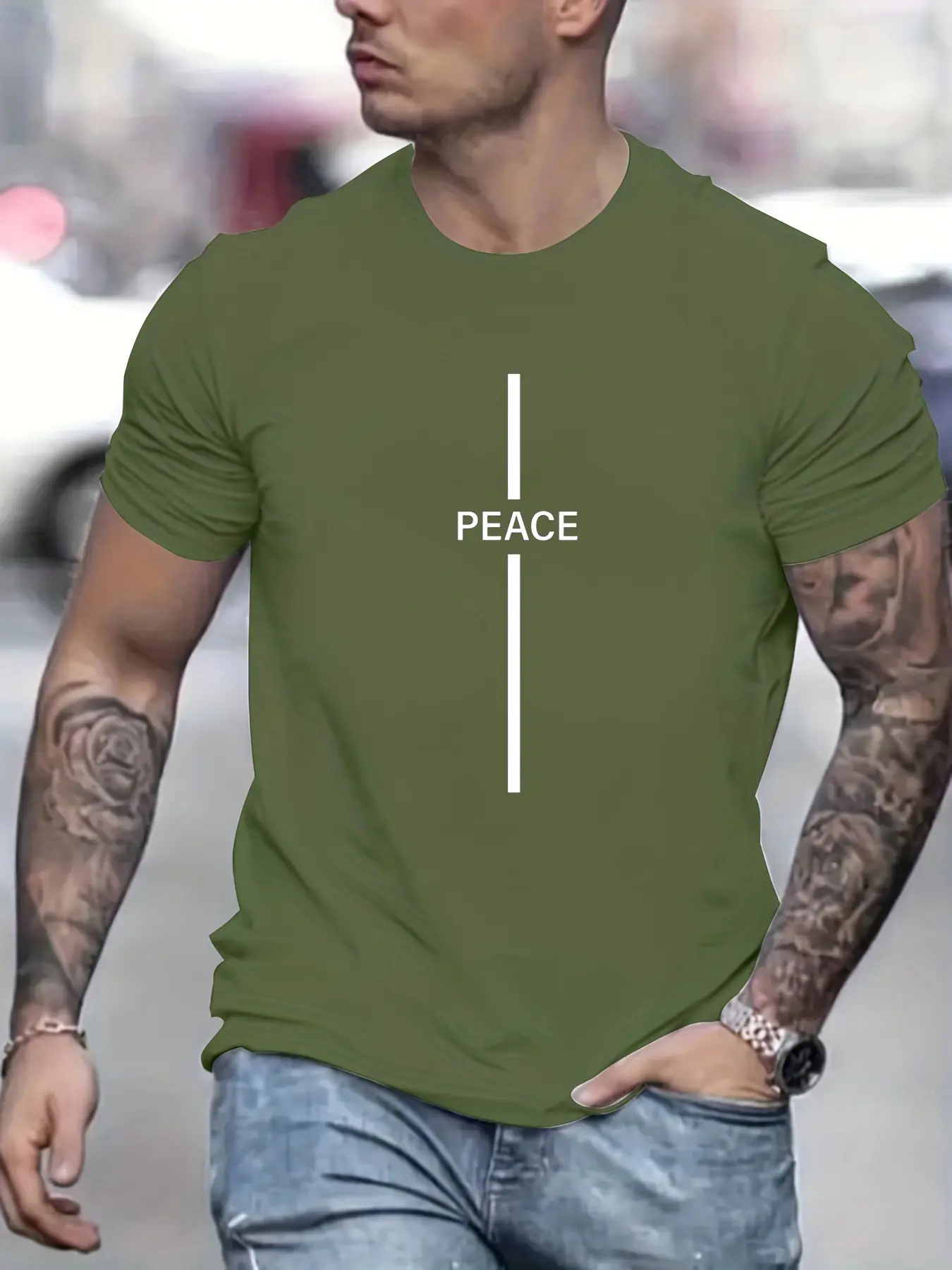 Men's Summer Loose Size 100% Cotton Peace Print Casual Slim Fit Round Neck Short Sleeve T-shirt Top