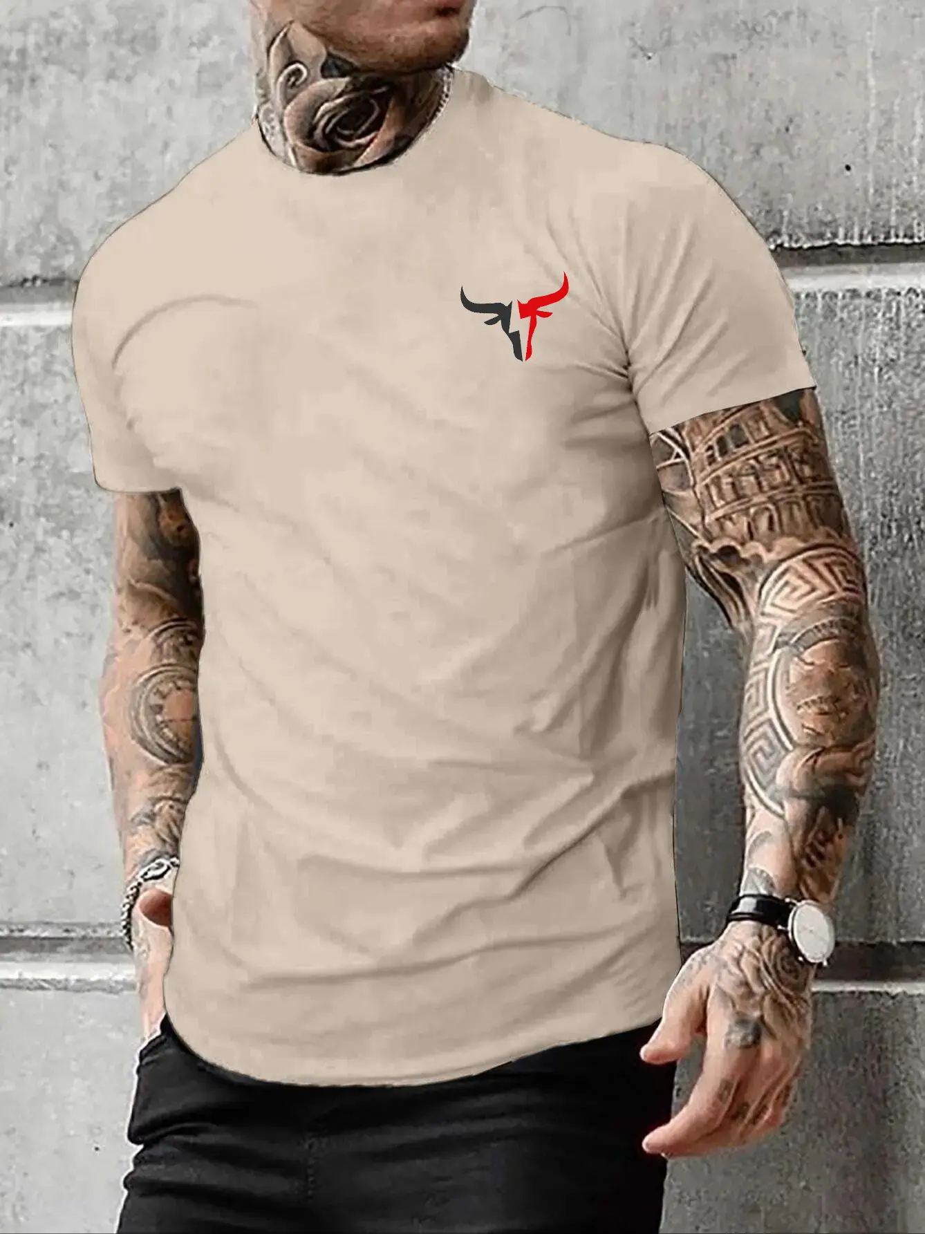 Men's Summer 100% Cotton Bull Print Loose Large Casual Round Neck Short Sleeve T-shirt