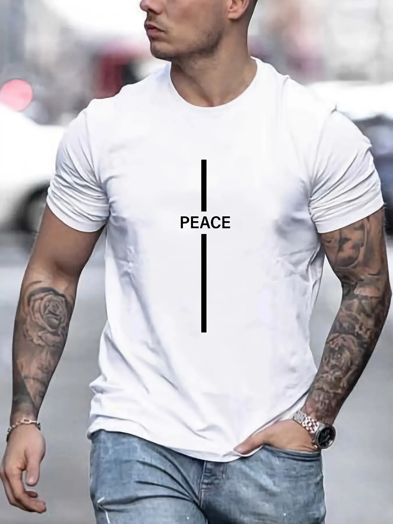 Men's Summer Loose Size 100% Cotton Peace Print Casual Slim Fit Round Neck Short Sleeve T-shirt Top