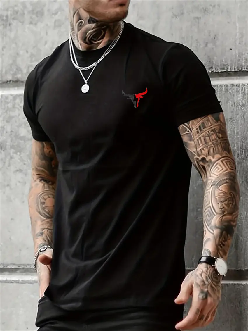 Men's Summer 100% Cotton Bull Print Loose Large Casual Round Neck Short Sleeve T-shirt