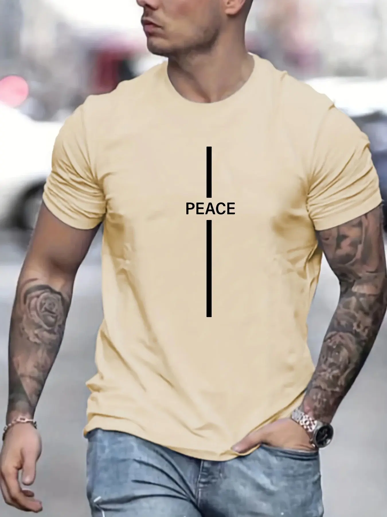 Men's Summer Loose Size 100% Cotton Peace Print Casual Slim Fit Round Neck Short Sleeve T-shirt Top