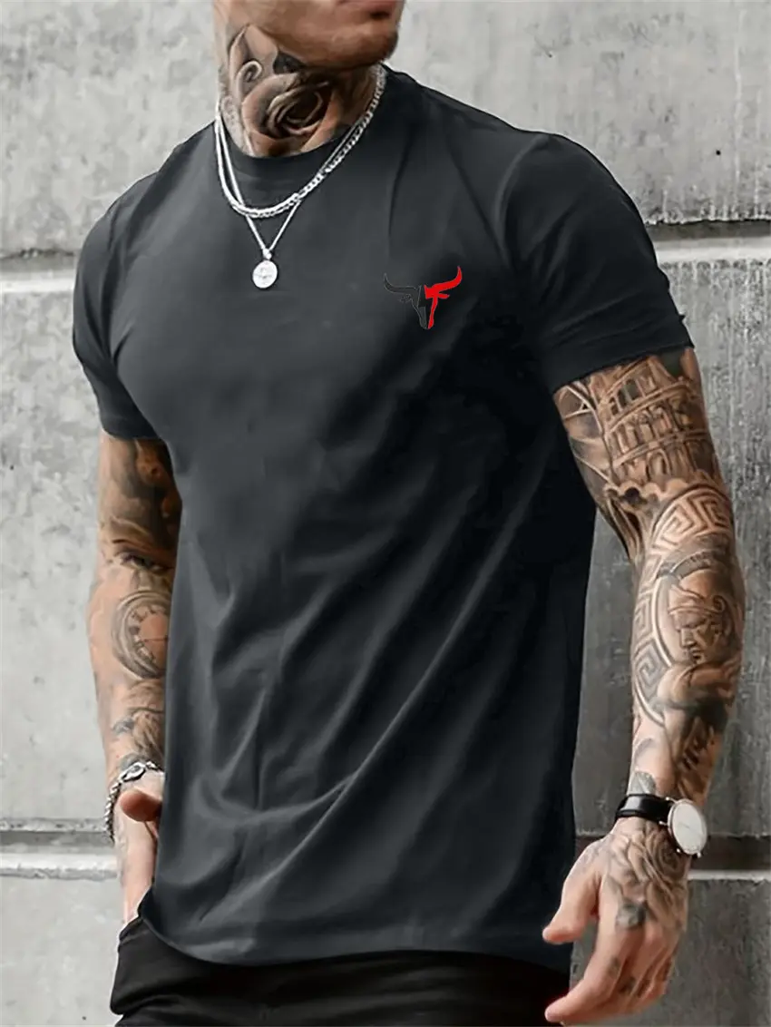 Men's Summer 100% Cotton Bull Print Loose Large Casual Round Neck Short Sleeve T-shirt