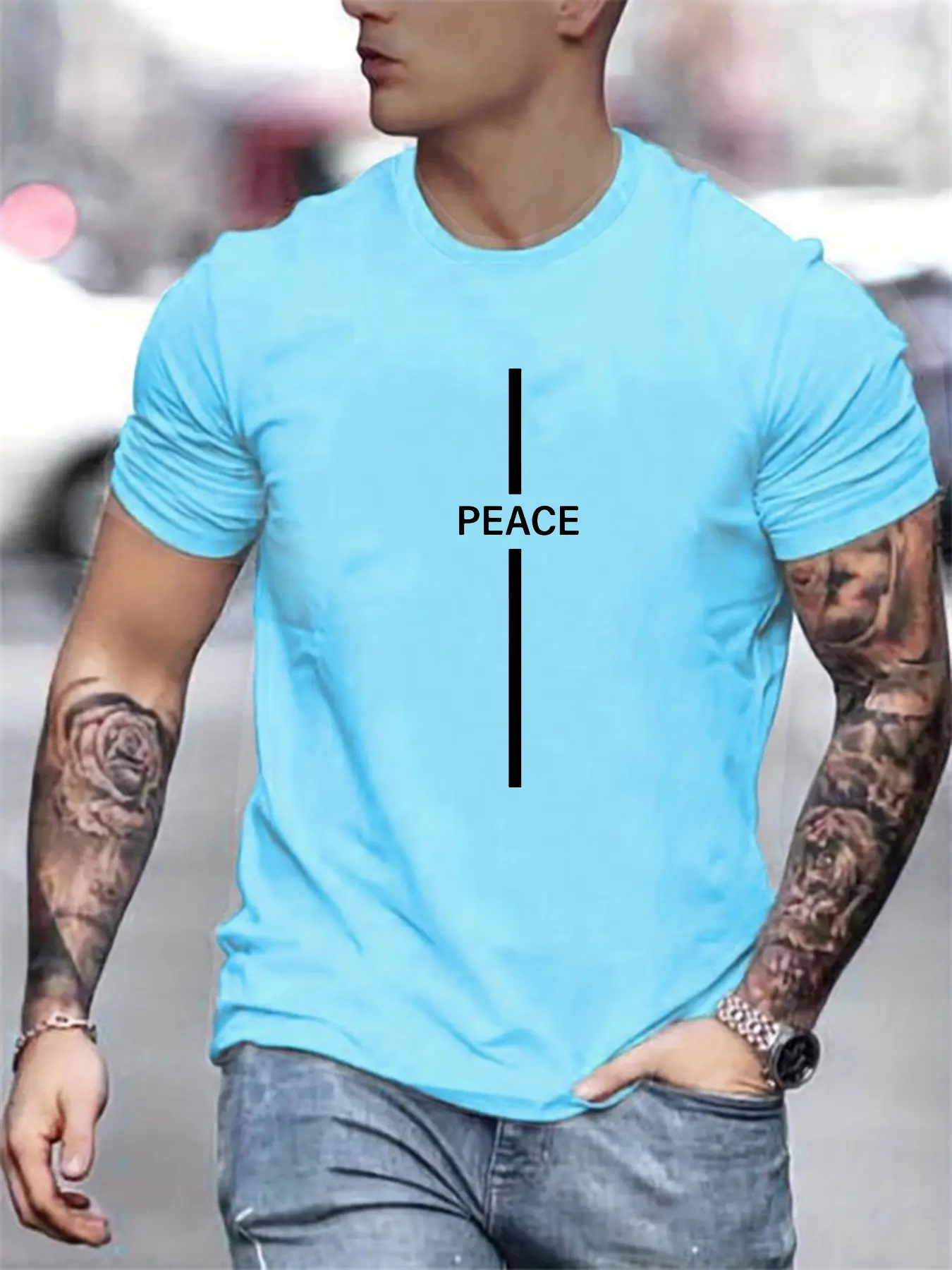 Men's Summer Loose Size 100% Cotton Peace Print Casual Slim Fit Round Neck Short Sleeve T-shirt Top