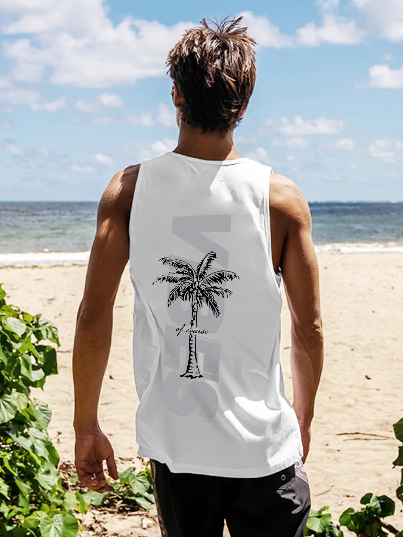 Men's summer casual sports loose coconut tree pattern dual sided printed comfortable and breathable round neck sleeveless vest