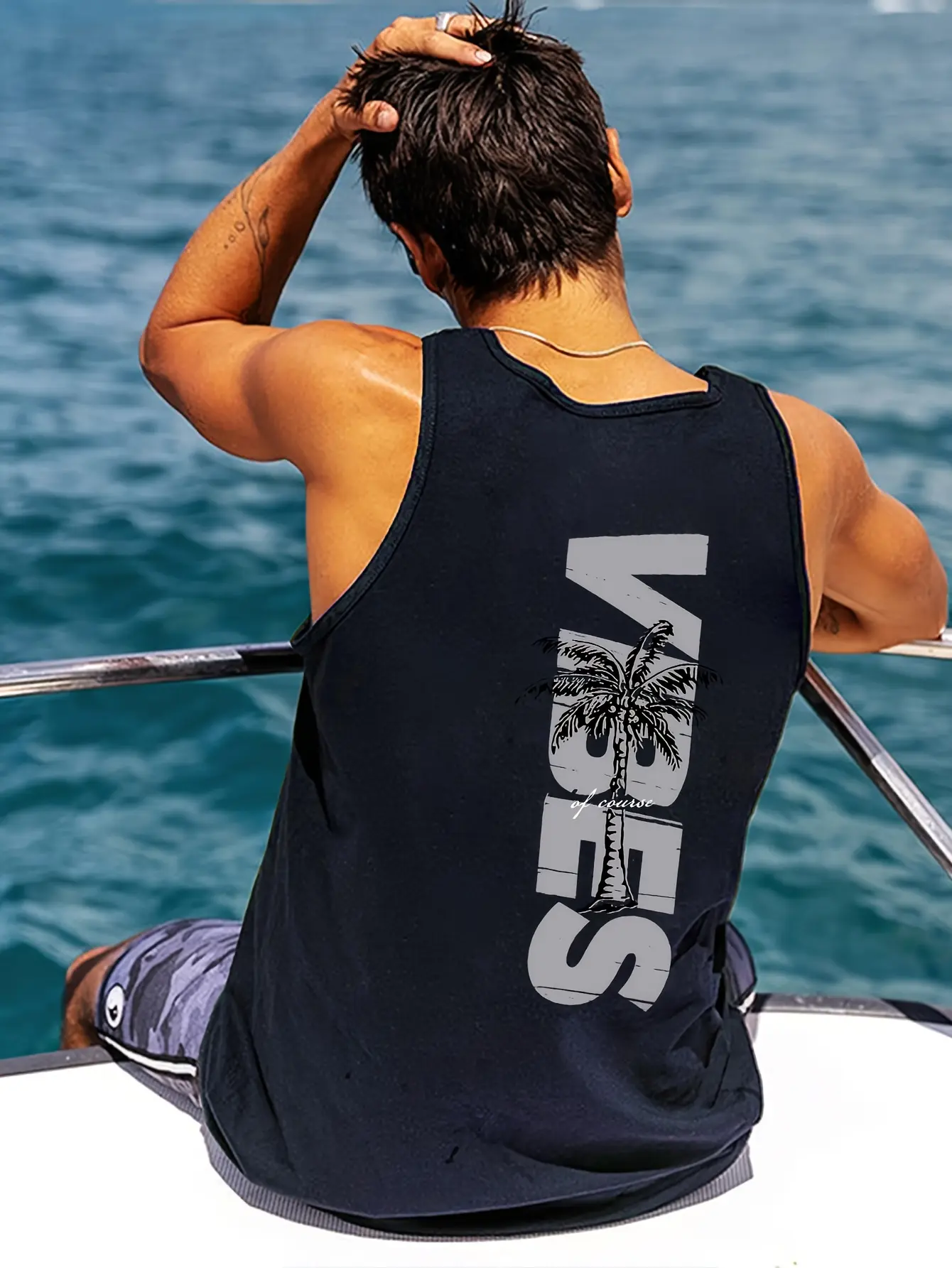 Men's summer casual sports loose coconut tree pattern dual sided printed comfortable and breathable round neck sleeveless vest