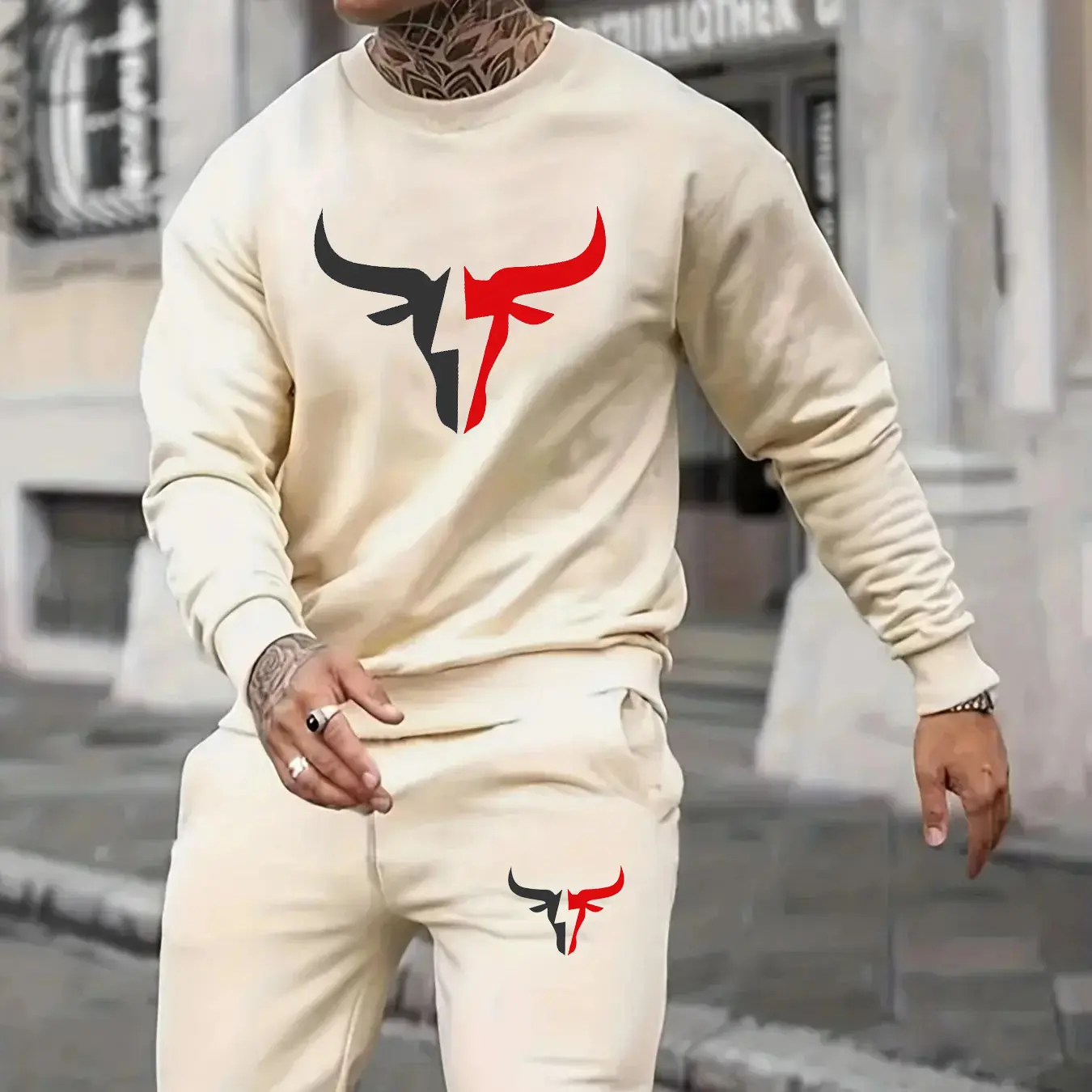 Men's Autumn Winter Sweater Set With Plush Fashion Mens Hoodies Winter Print Hip Hop Loose Sweatshirts
