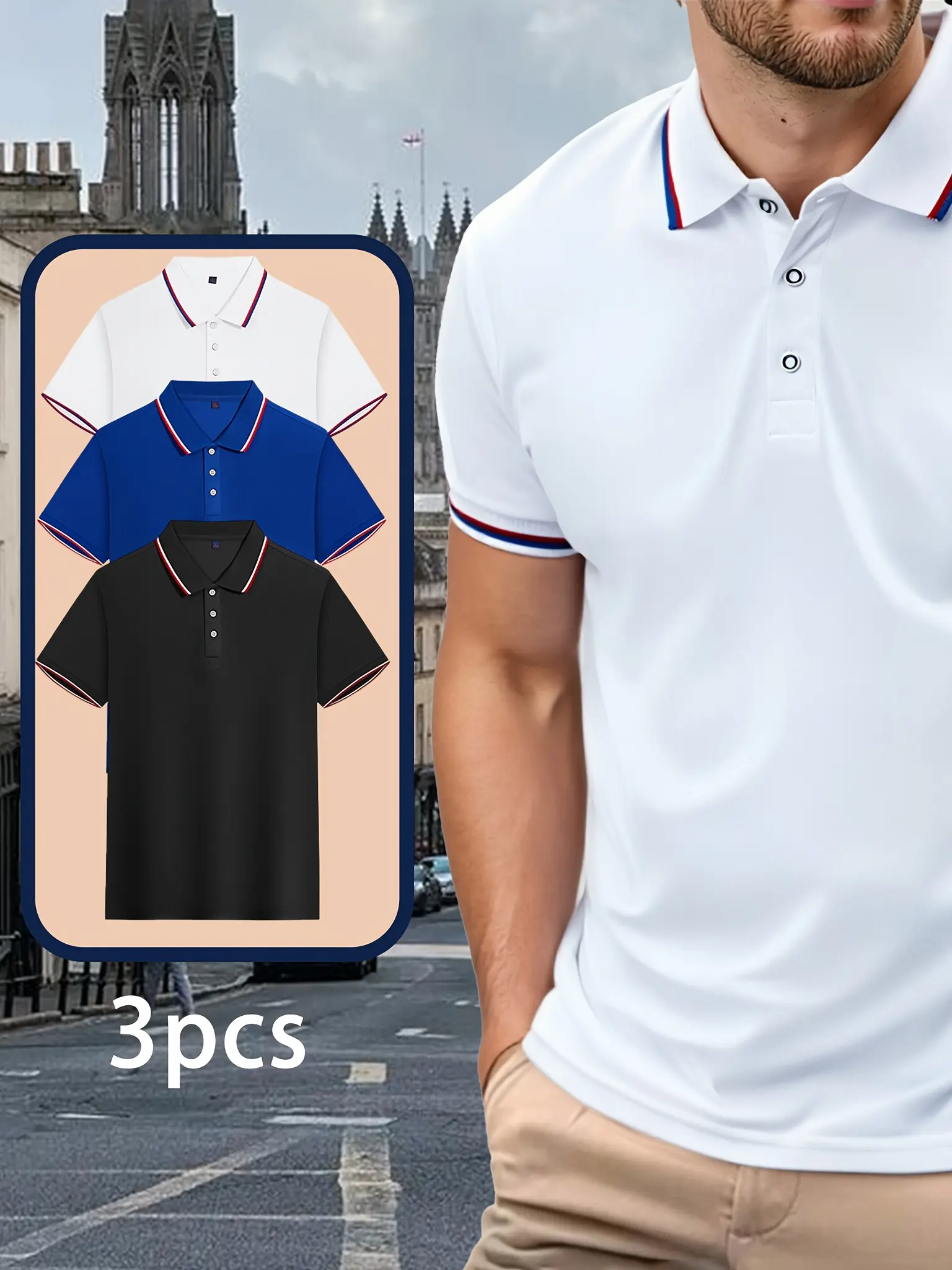 Men's summer casual fashionable loose plus size golf 3 pcs/set pattern printed lapel short sleeved polo shirt