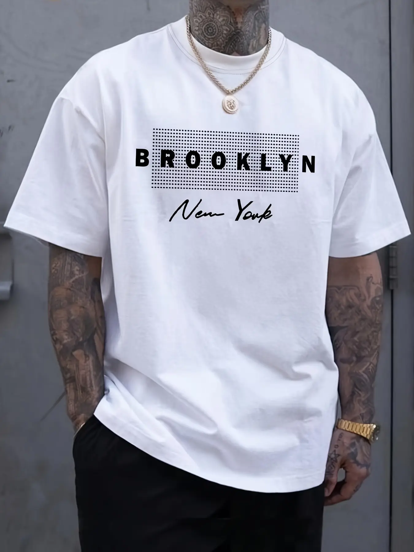 Men's Summer 100% Cotton Fashion Sports Leisure Loose Fashion Brooklyn Pattern Printed Round Neck Short Sleeve T-shirt Top