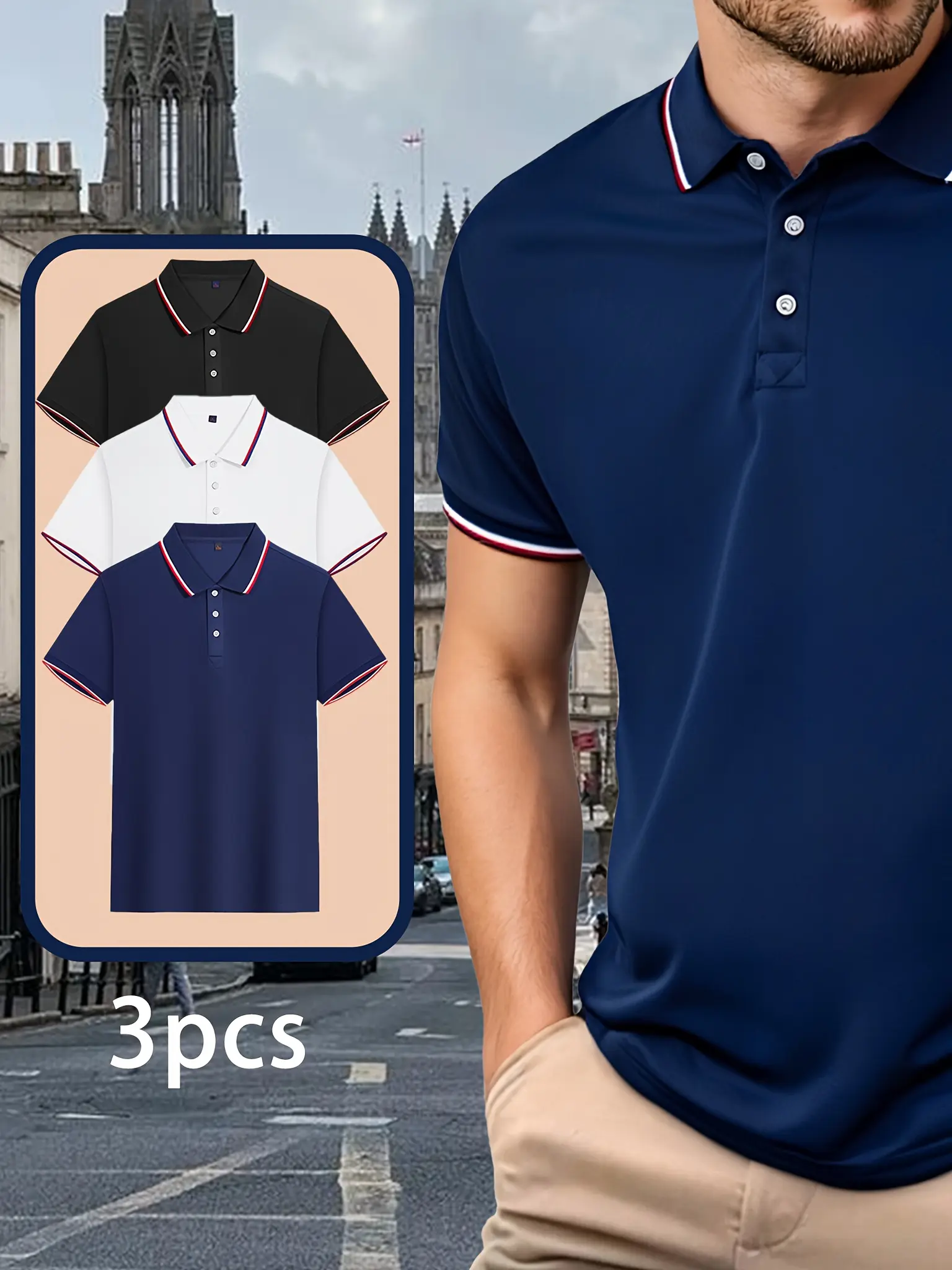 Men's summer casual fashionable loose plus size golf 3 pcs/set pattern printed lapel short sleeved polo shirt