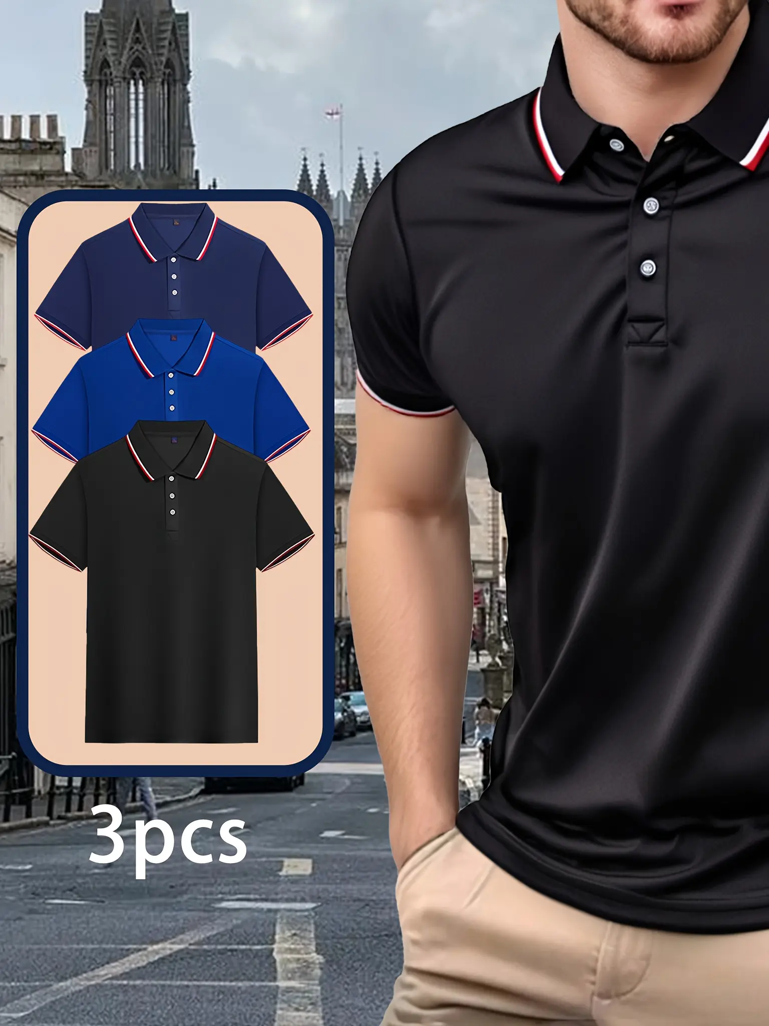Men's summer casual fashionable loose plus size golf 3 pcs/set pattern printed lapel short sleeved polo shirt