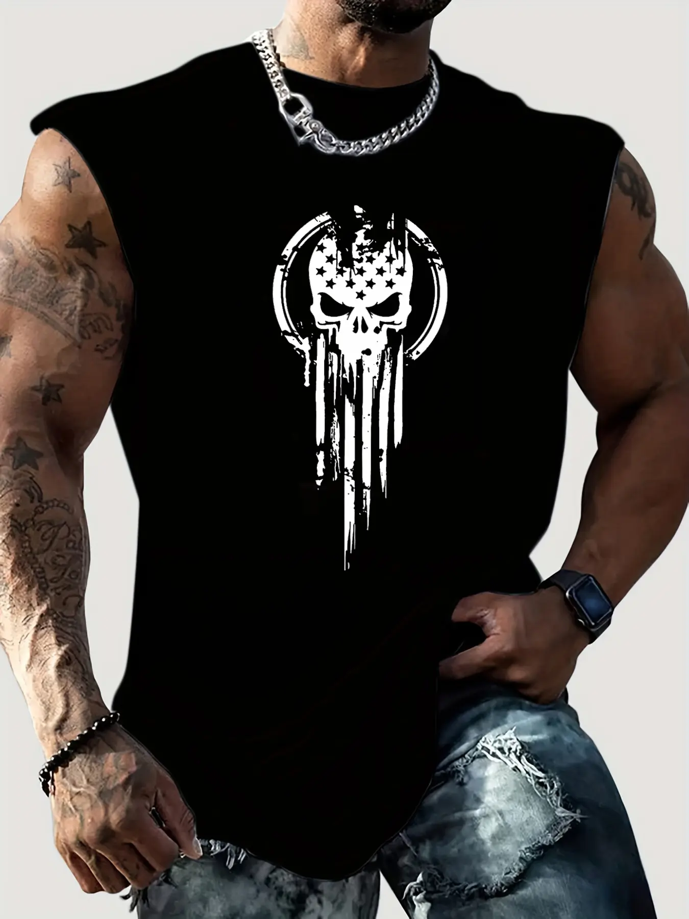 Men's Summer Leisure Sports Fitness Loose Skeleton Pattern Printed Comfortable and Breathable Round Neck Sleeveless Tank Top