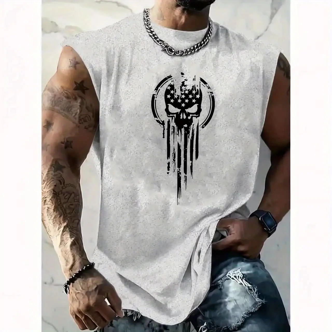 Men's Summer Leisure Sports Fitness Loose Skeleton Pattern Printed Comfortable and Breathable Round Neck Sleeveless Tank Top