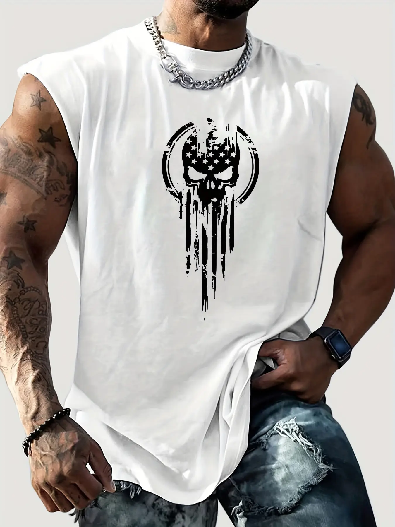 Men's Summer Leisure Sports Fitness Loose Skeleton Pattern Printed Comfortable and Breathable Round Neck Sleeveless Tank Top