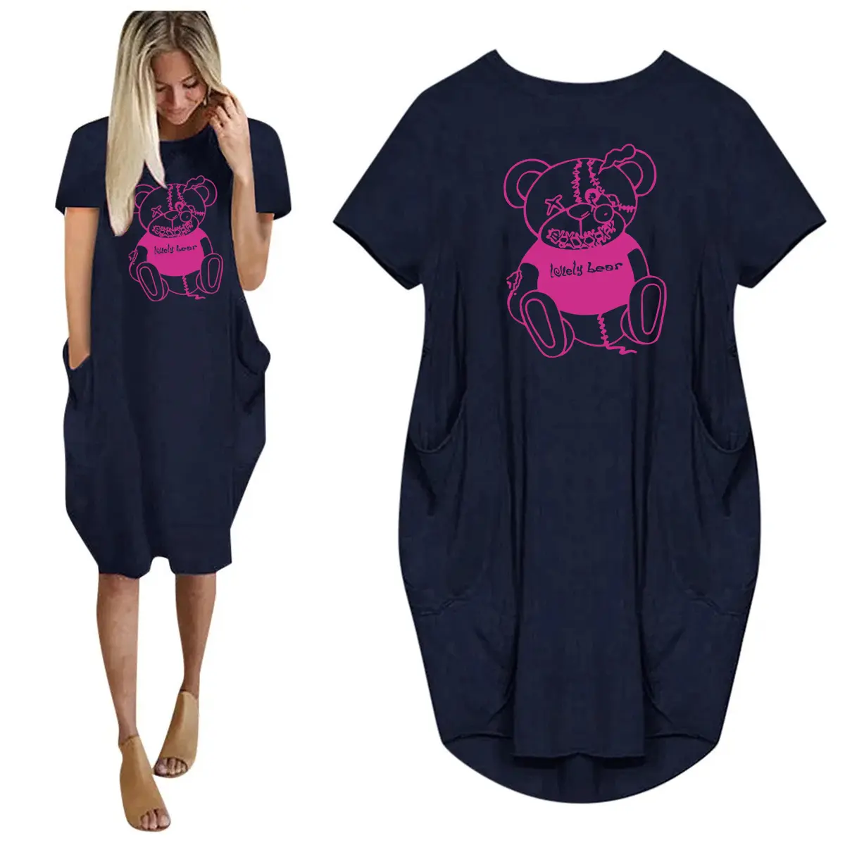 Women's Lovely Bear Printed Loose Long sleeved Summer Plus Size Dress Streetwear Oversized O-Neck short Sleeve dress