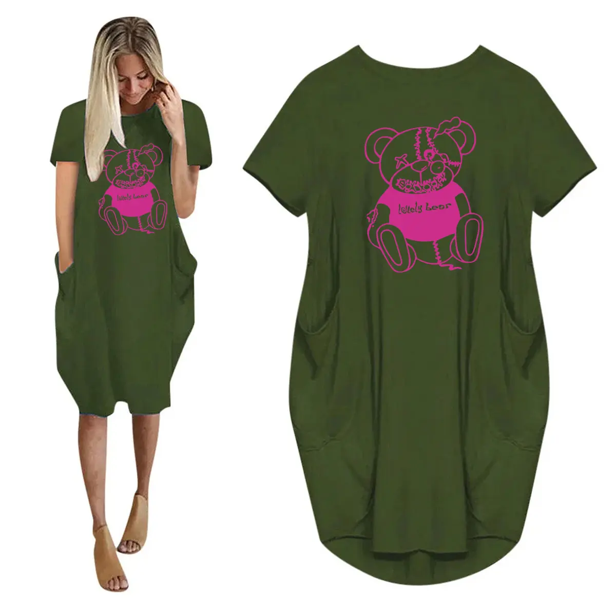 Women's Lovely Bear Printed Loose Long sleeved Summer Plus Size Dress Streetwear Oversized O-Neck short Sleeve dress