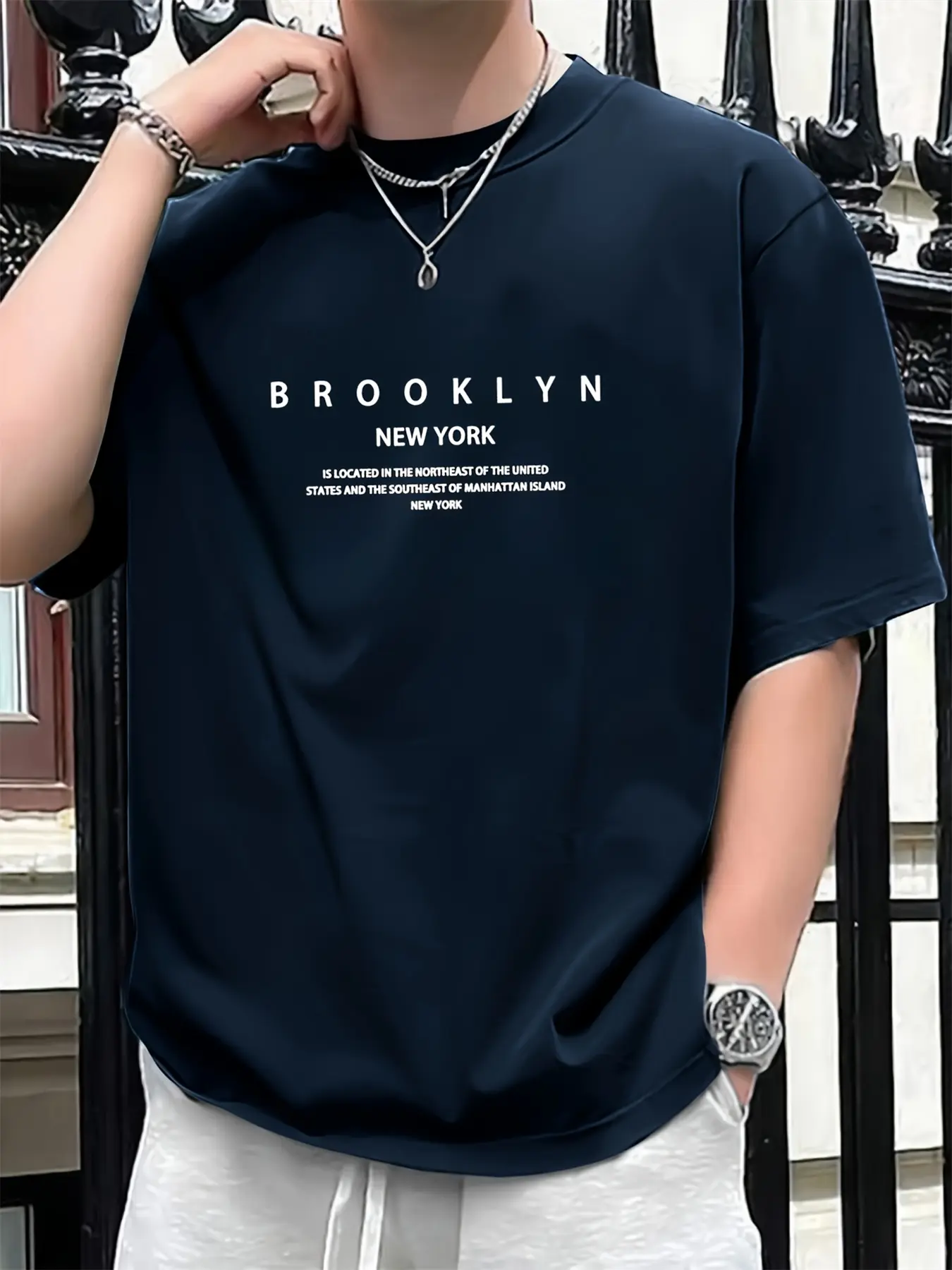 Men's Summer 100 Cotton Fashionable Casual Loose Large Brooklyn Letter Pattern Printed Round Neck Short Sleeve T-shirt Top