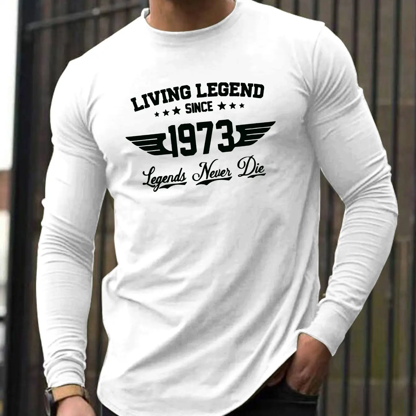 Men's 100% pure cotton loose fit comfortable casual sports SINCE1973 pattern printed round neck long sleeved T-shirt top