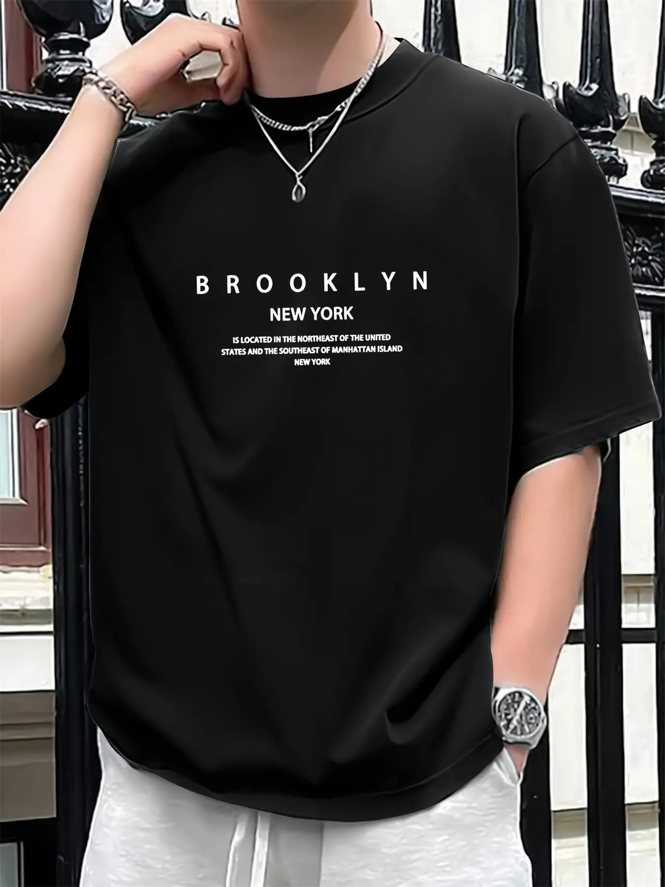 Men's Summer 100 Cotton Fashionable Casual Loose Large Brooklyn Letter Pattern Printed Round Neck Short Sleeve T-shirt Top