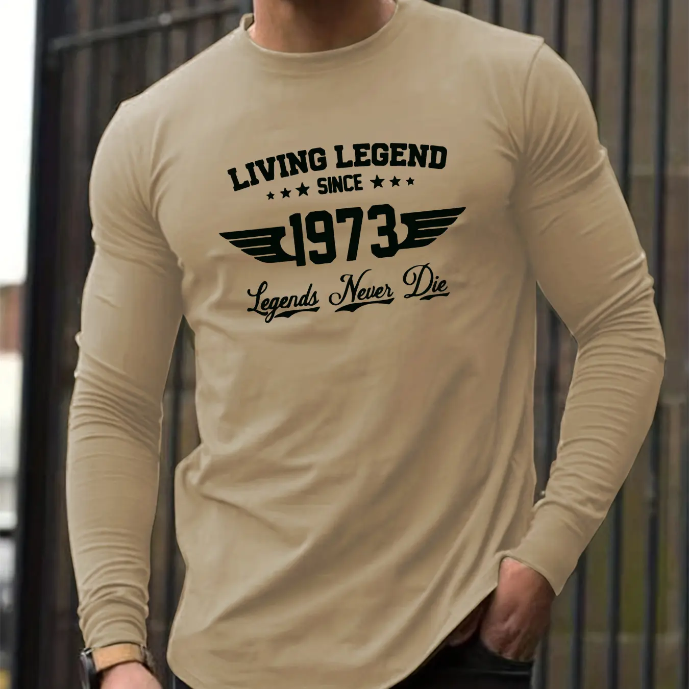 Men's 100% pure cotton loose fit comfortable casual sports SINCE1973 pattern printed round neck long sleeved T-shirt top