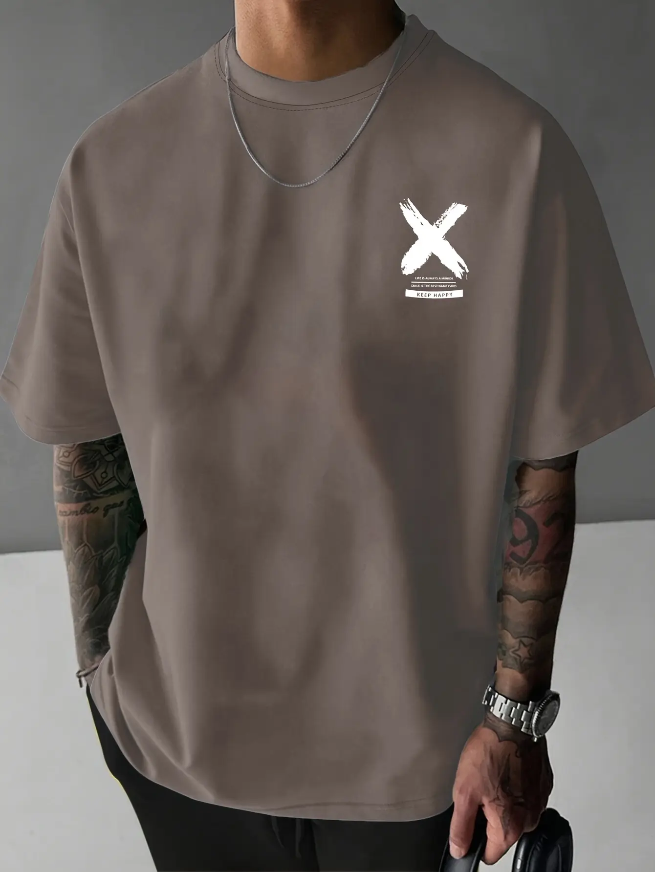 Men's summer 100% pure cotton fashionable casual sports loose keep happy graphic print round neck short sleeved T-shirt top