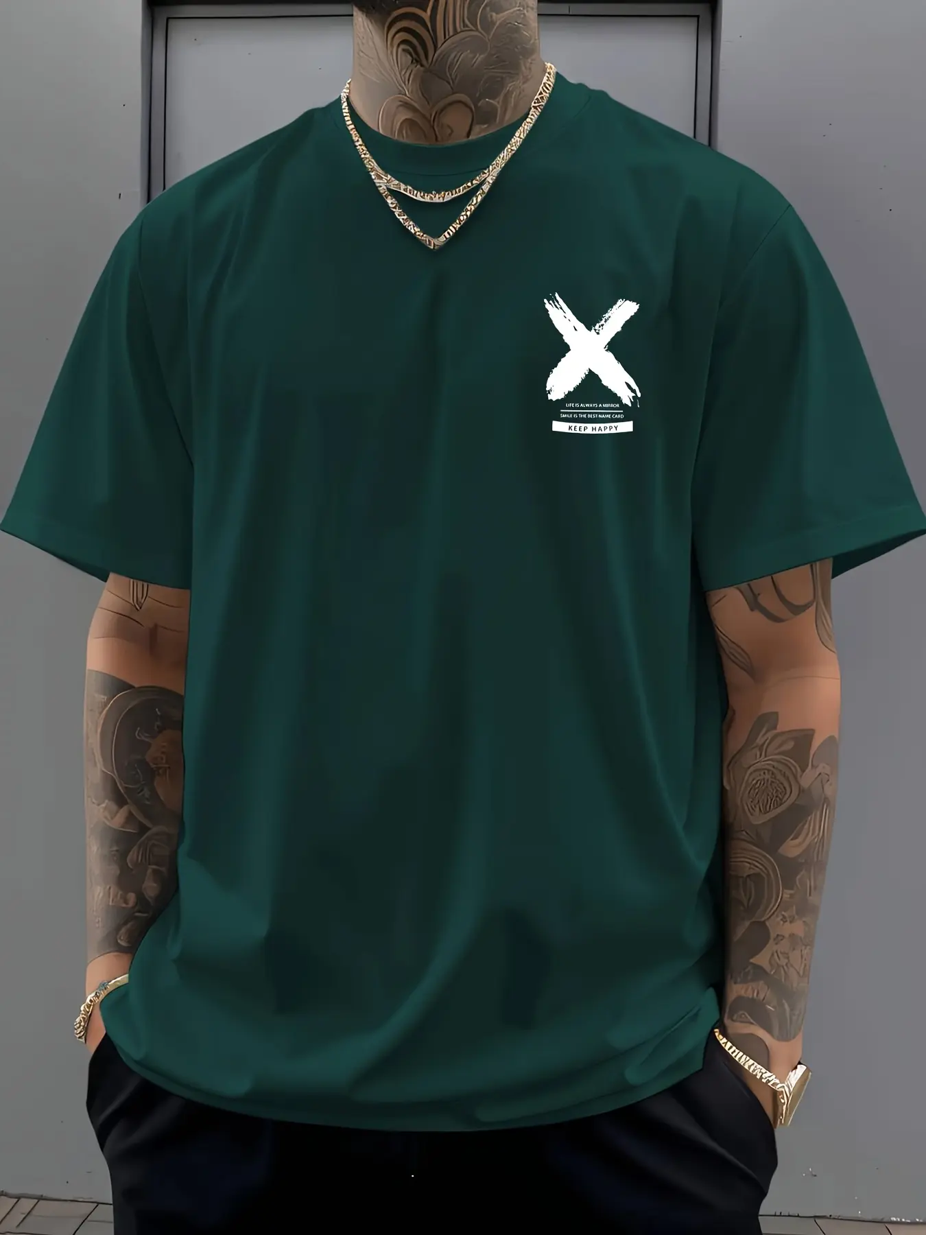 Men's summer 100% pure cotton fashionable casual sports loose keep happy graphic print round neck short sleeved T-shirt top