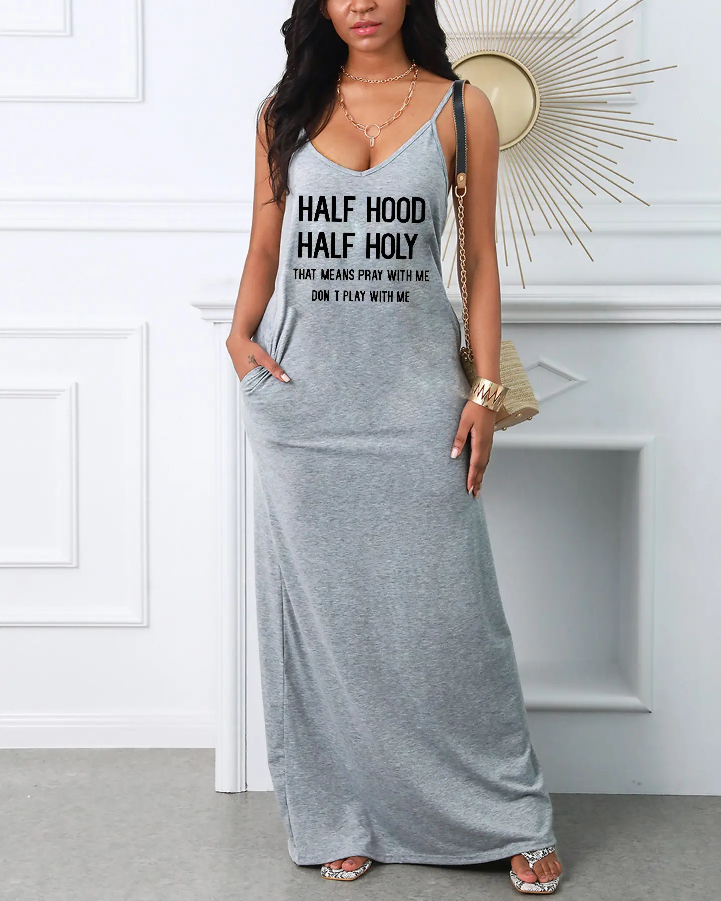 Women's summer casual fashion loose plus size HALF letter print V-neck suspender sexy dress for nightclubs and parties
