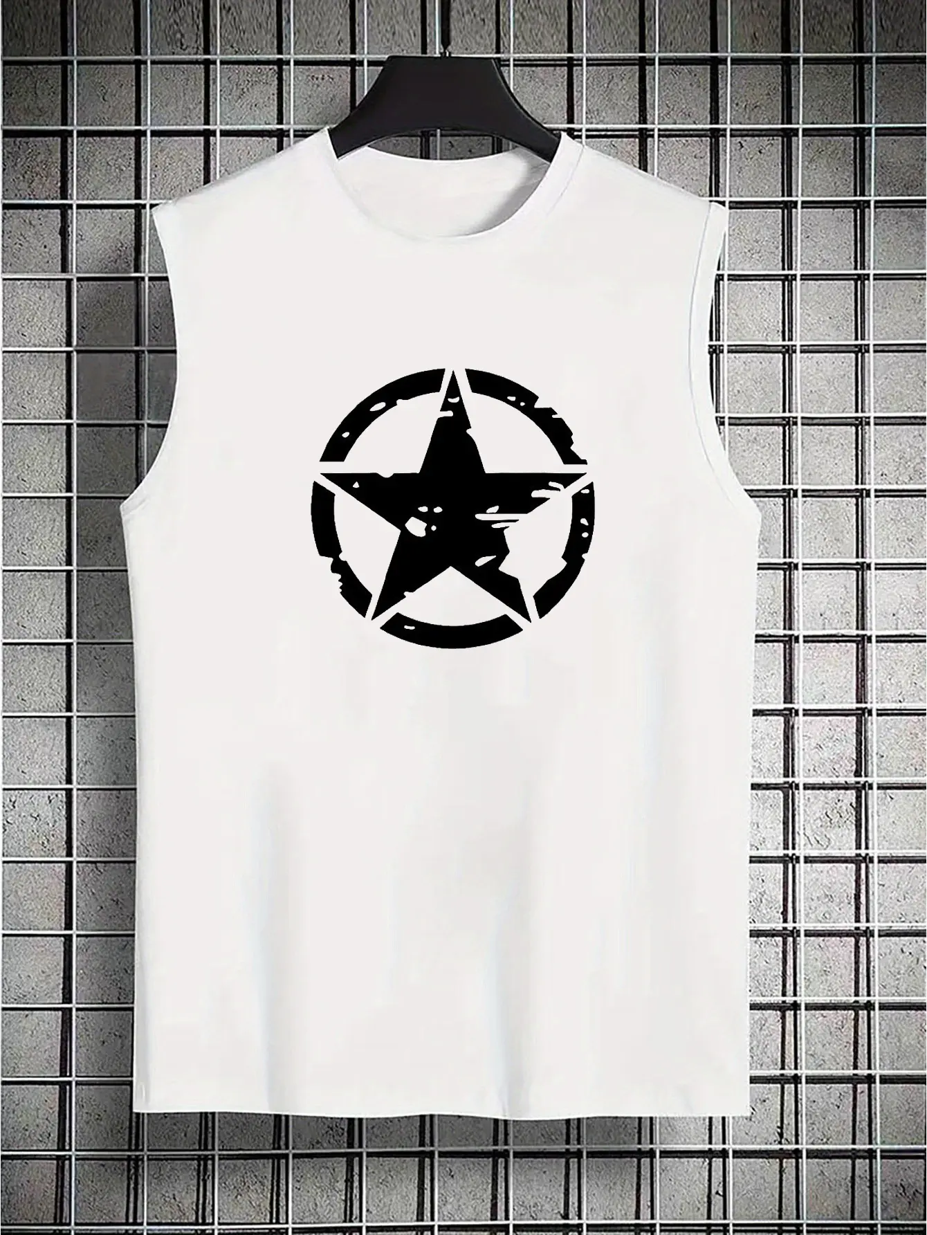 Men's summer casual sports fitness loose five pointed star pattern printed comfortable and breathable round neck sleeveless vest