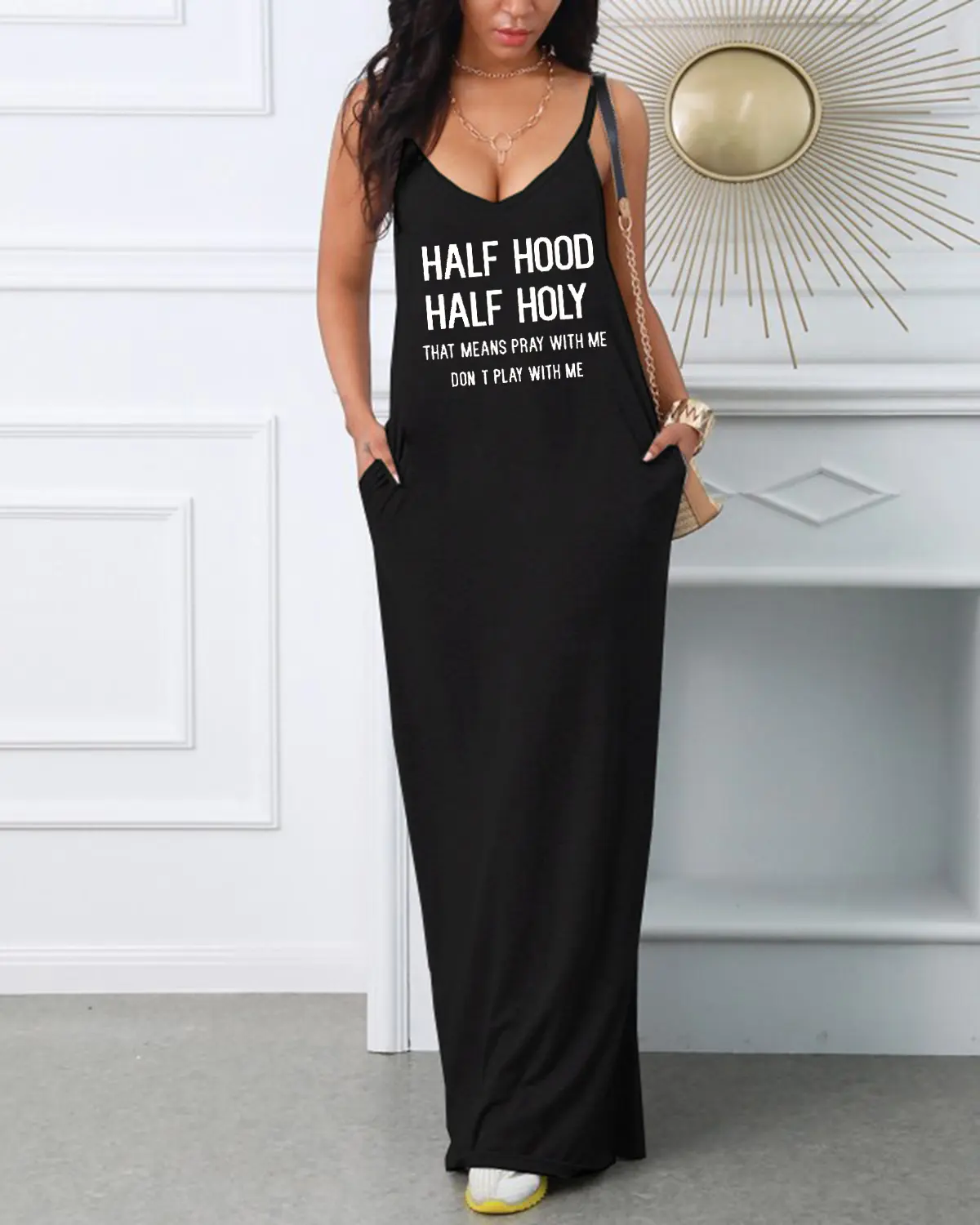 Women's summer casual fashion loose plus size HALF letter print V-neck suspender sexy dress for nightclubs and parties