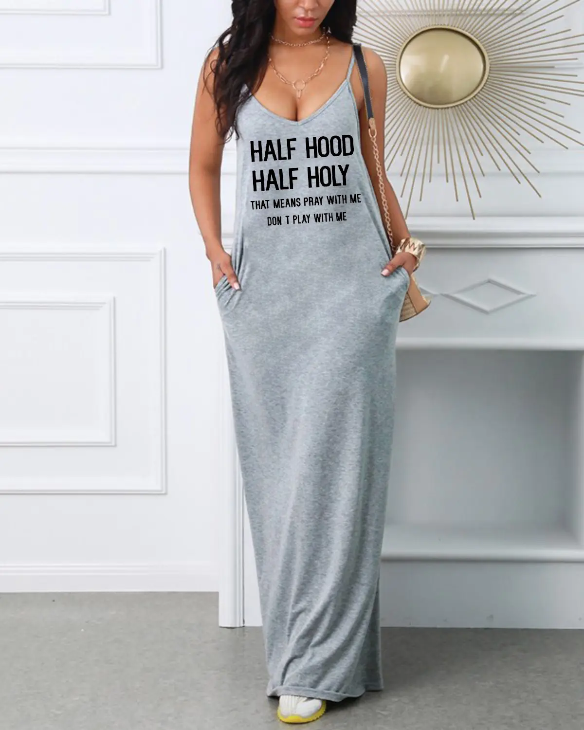 Women's summer casual fashion loose plus size HALF letter print V-neck suspender sexy dress for nightclubs and parties