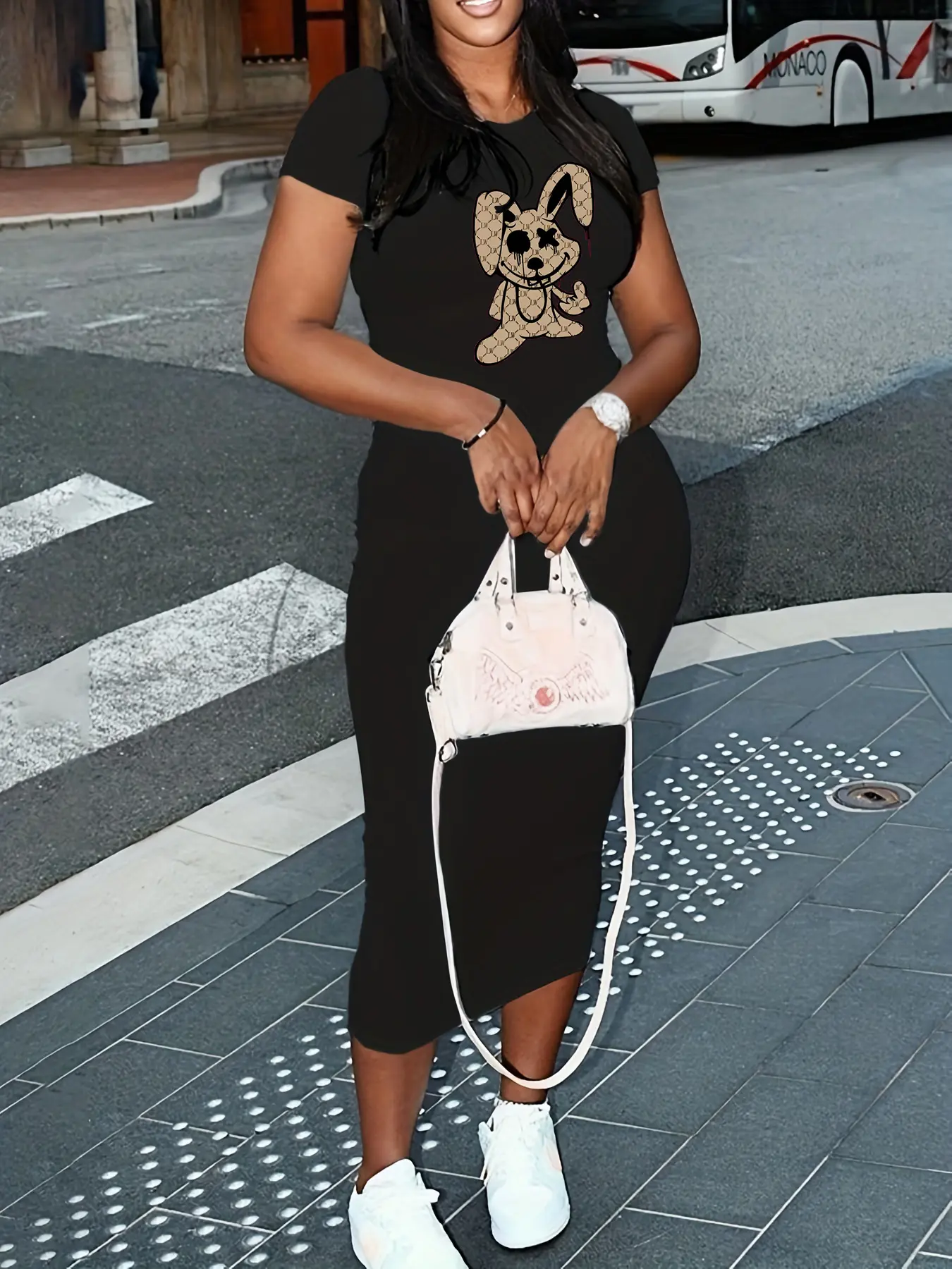 Ladies' summer fashionable and casual slim fit cartoon rabbit print round neck short sleeved women's sexy dress